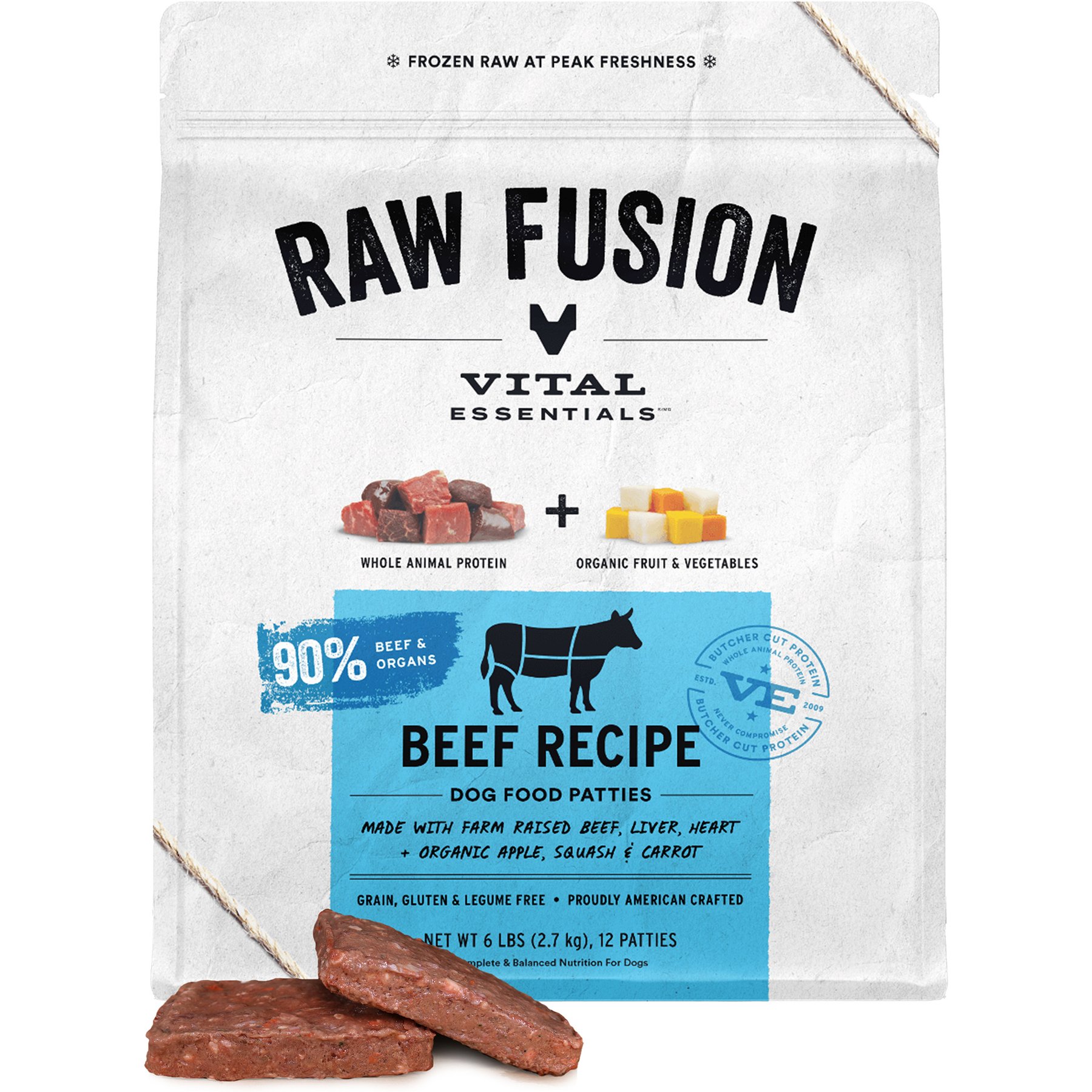 Vital Essentials RAW FUSION Frozen Raw Patties Grain-Free Beef Recipe Dog Food