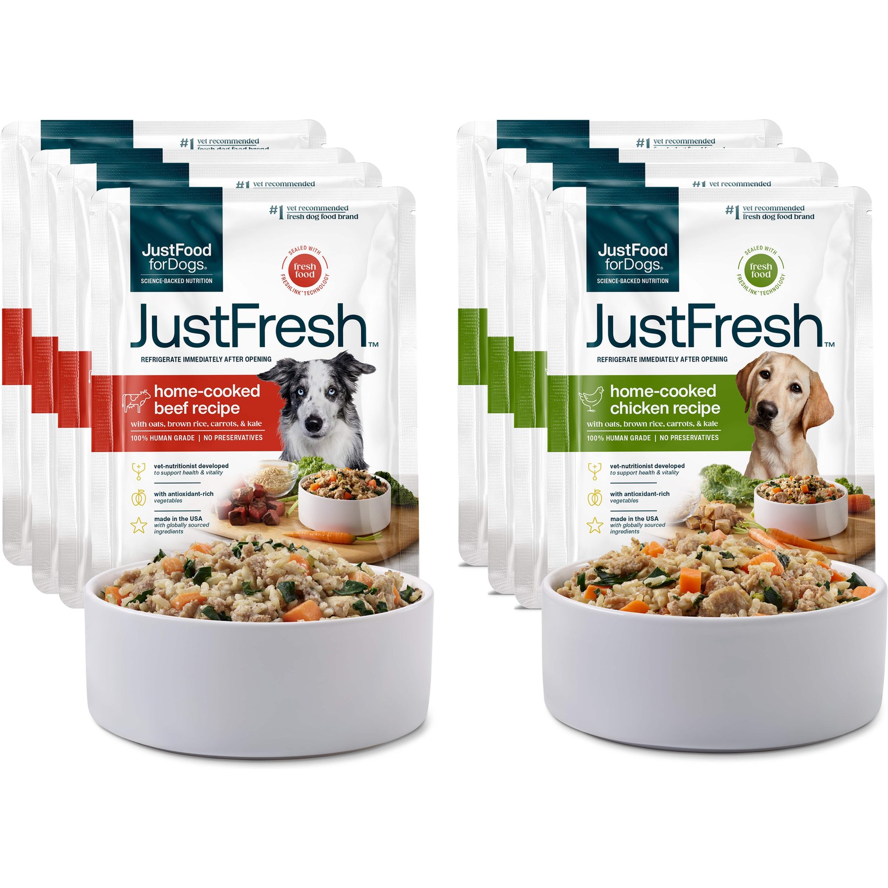 JustFoodForDogs JustFresh Home-Cooked Beef & Chicken Recipe Fresh Dog Food, 12-oz pouch, case of 8