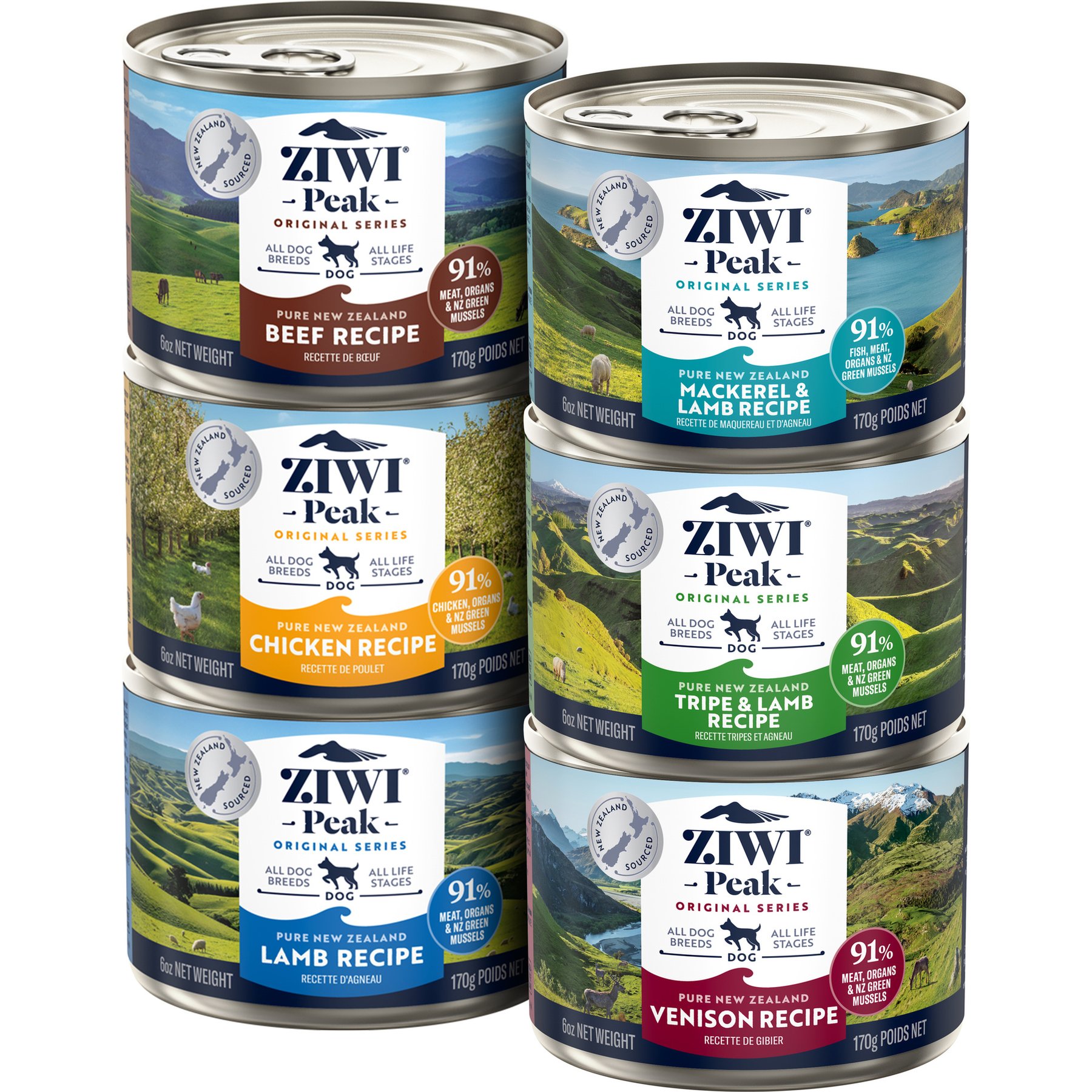 ZIWI Peak Variety Pack Adult Grain-Free Beef, Chicken, Lamb, Mackerel & Lamb, Tripe & Lamb, Venison Pate Canned Dog Food, 6-oz can, case of 6