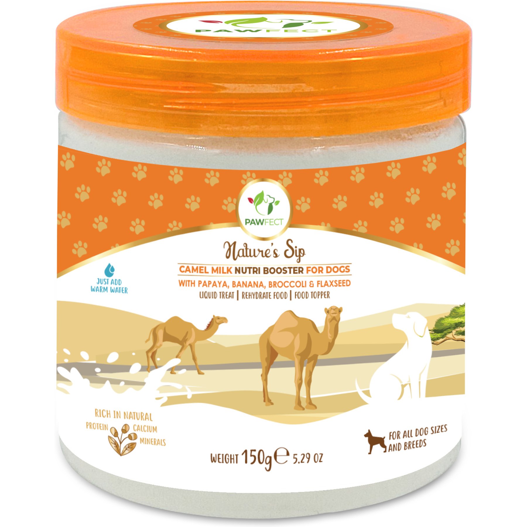 Pawfect Nature's Sip Camel Milk Powder with Papaya, Banana, Broccoli & Flaxseed Grain-Free Dog Food Topper & Liquid Treat