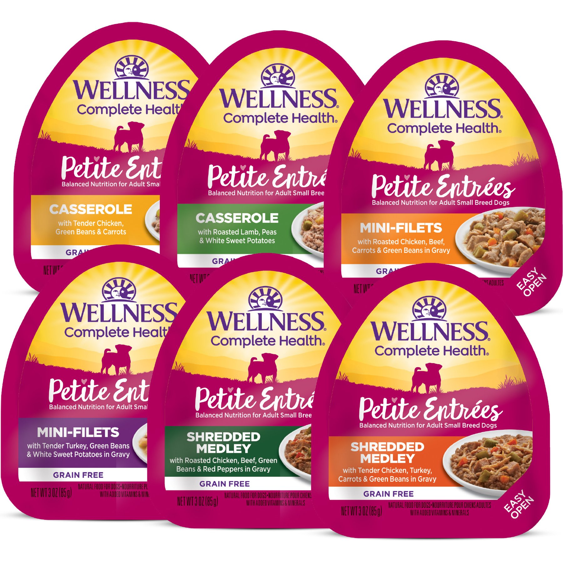 Wellness Complete Health Petite Entrees Adult Small Breed Sampler Variety Pack Grain-Free Wet Dog Food, 3-oz cup, case of 6