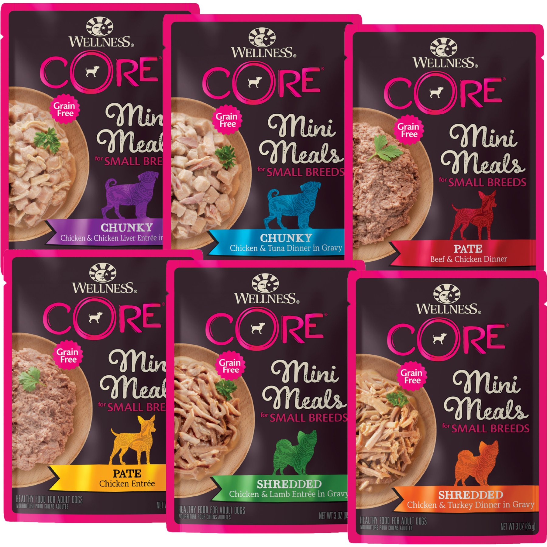 Wellness CORE Mini Meals Variety Pack Small Breed Grain-Free Wet Dog Food, 3-oz pouch, case of 6