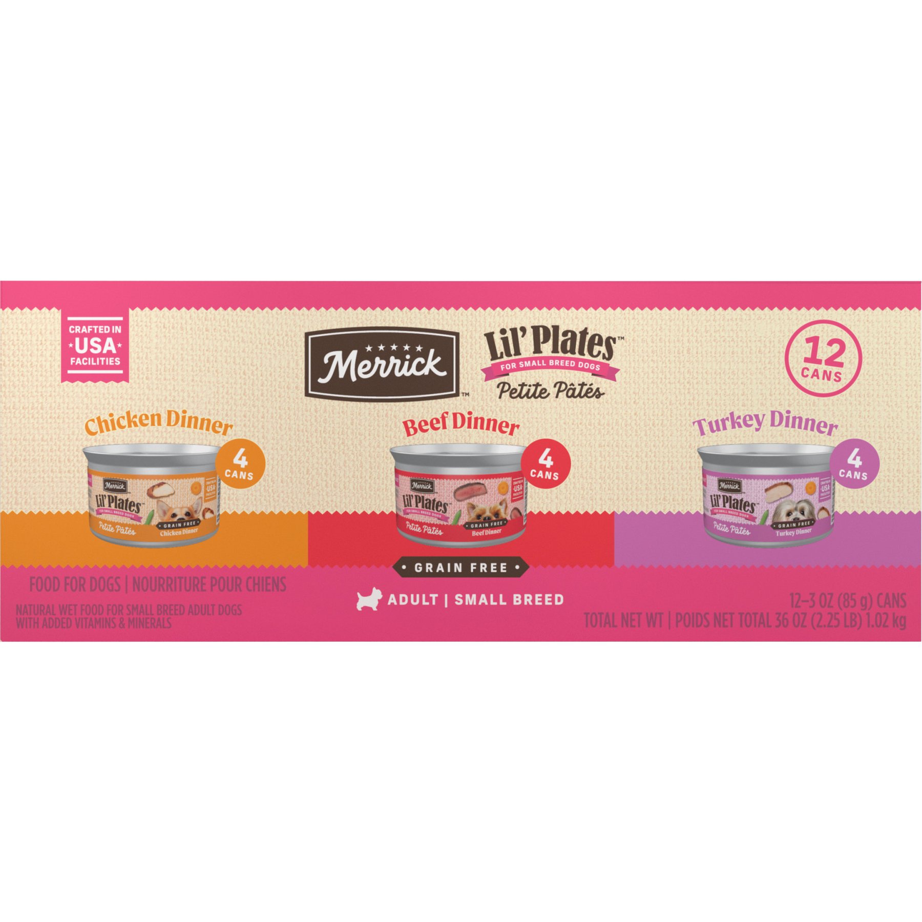 Merrick Lil' Plates Petite Pates Grain-Free Small Breed Wet Dog Food, Variety Pack, 3-oz can, case of 12