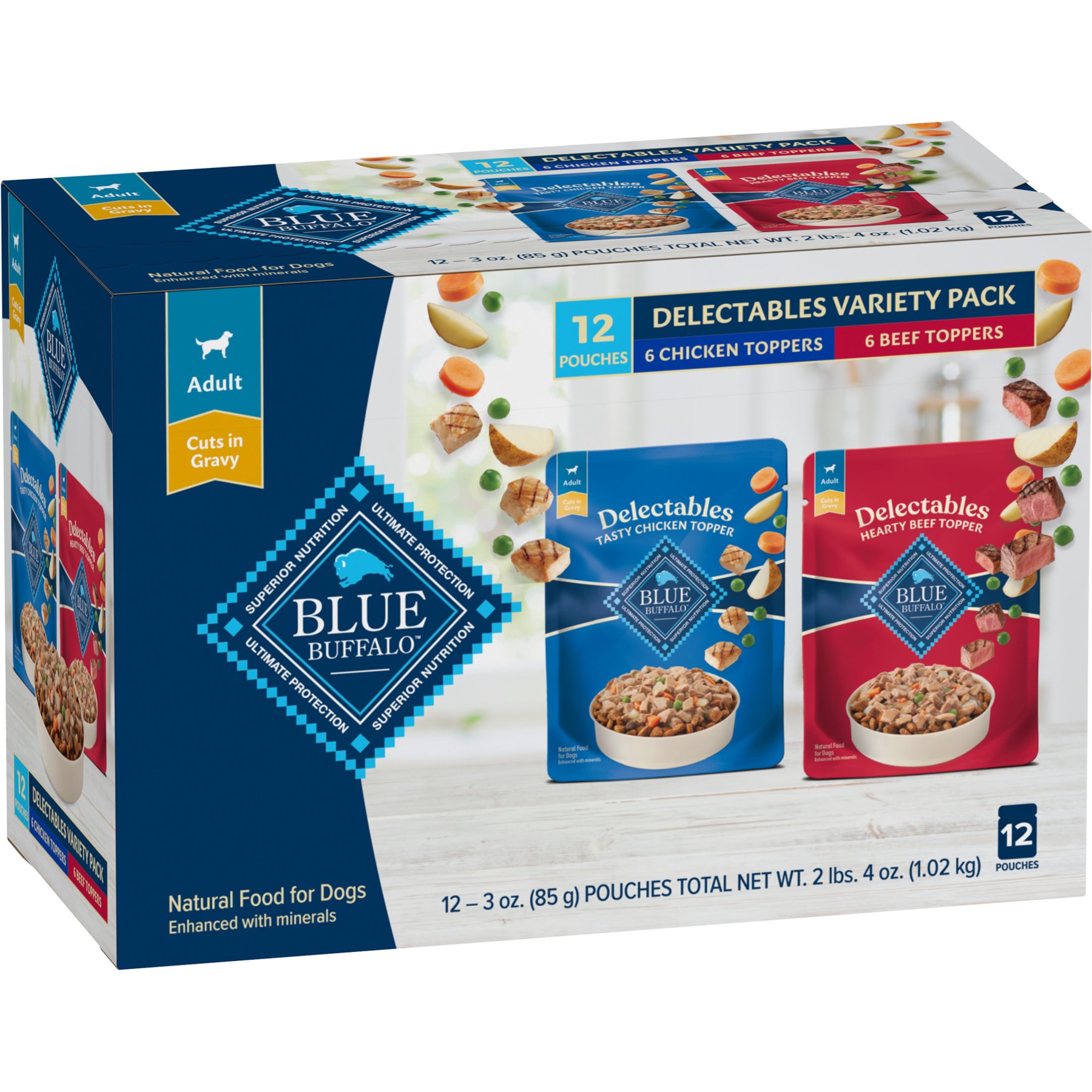 Blue Buffalo Delectables Chicken & Beef Dinner Variety Pack Grain-Free Wet Dog Food Topper, 3-oz pouches, case of 12