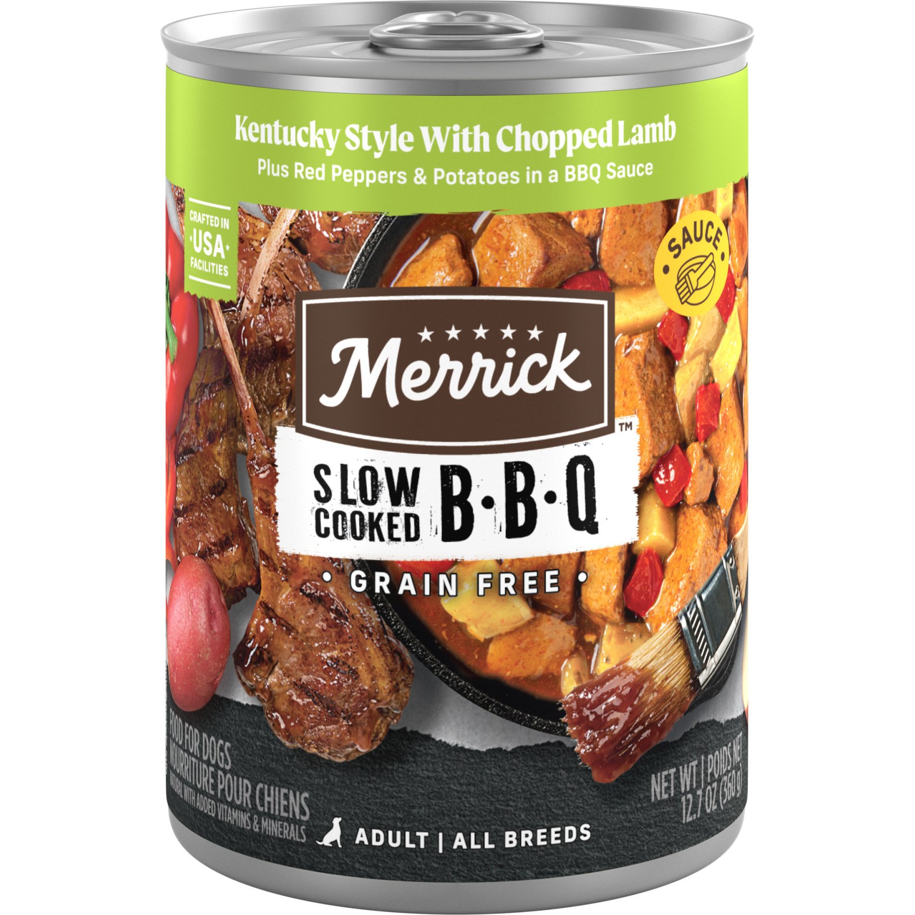 Merrick Grain-Free Slow-Cooked BBQ Kentucky Style with Chopped Lamb Wet Dog Food, 12.7-oz can, case of 12