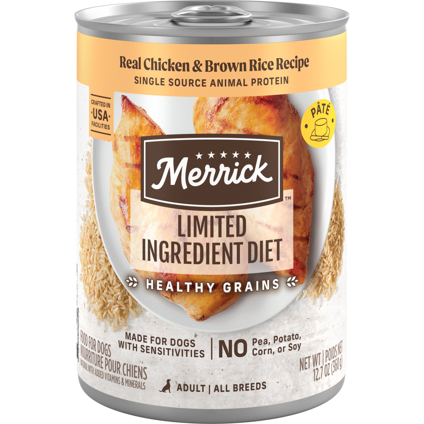 Merrick Limited Ingredient Diet Chicken & Brown Rice Recipe Wet Dog Food, 12.7-oz can, case of 12