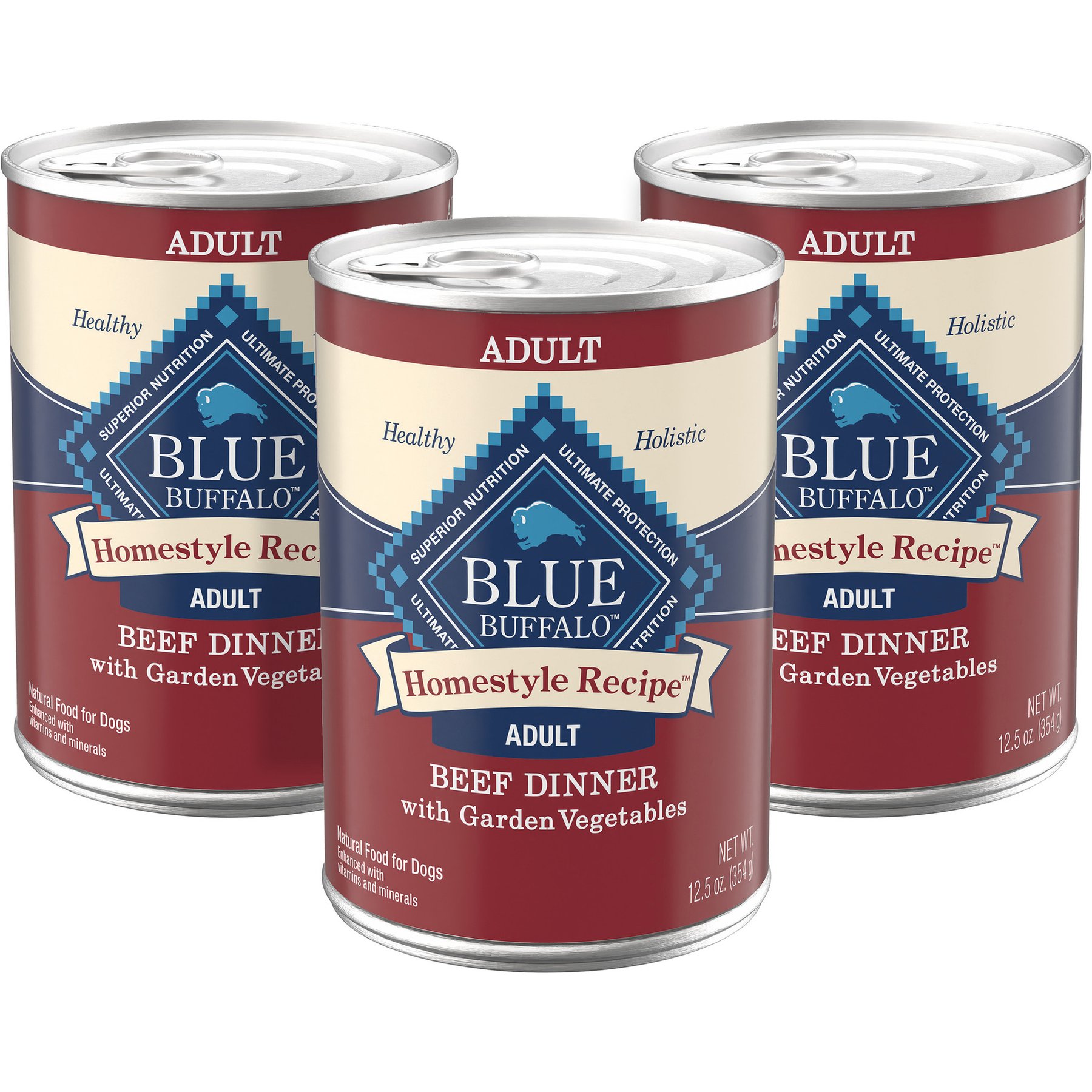 Blue Buffalo Blue Buffalo Homestyle Recipe Adult High Protein Beef Dinner with Garden Vegetables Pate Canned Wet Dog Food, 12.5-oz can, 3 count dog food package