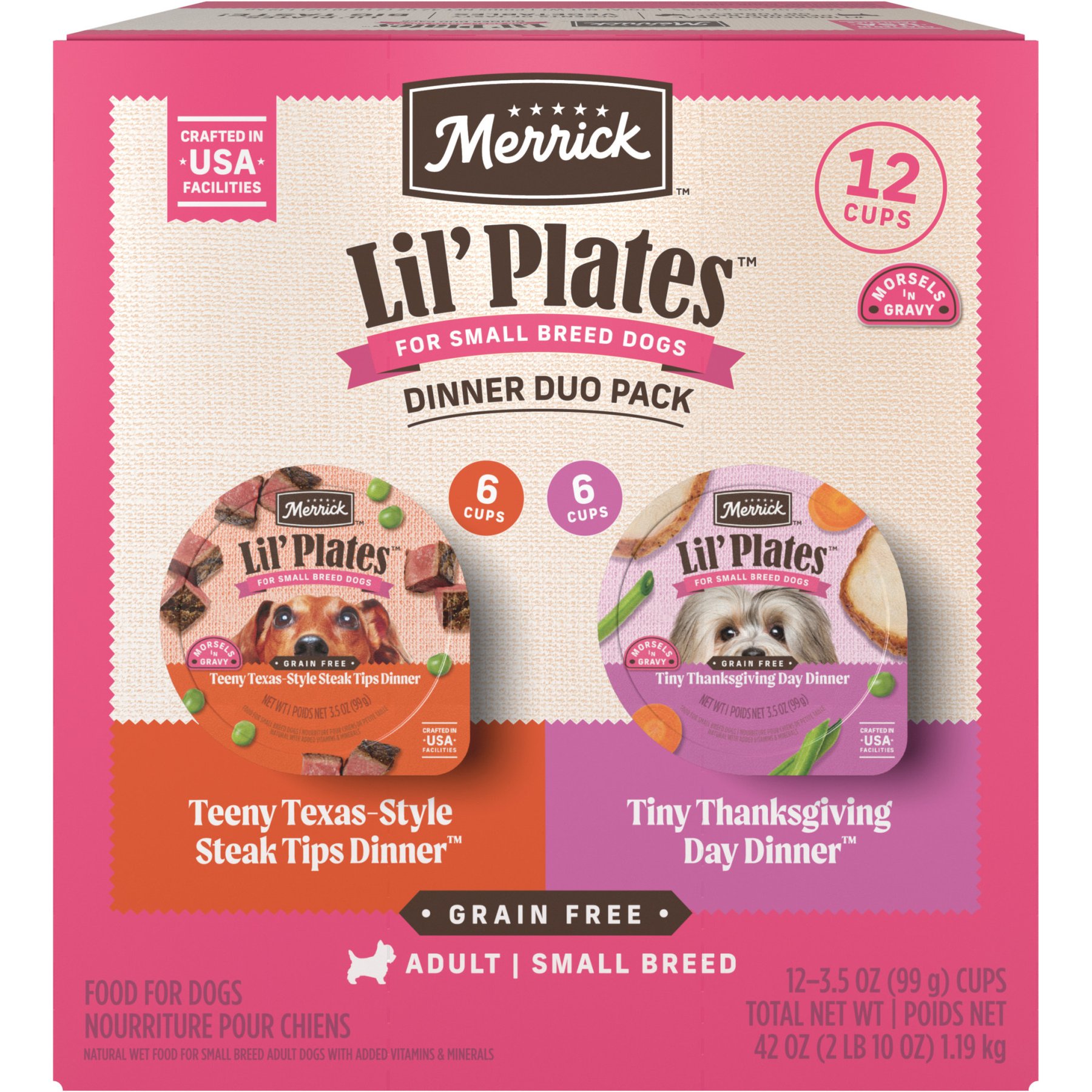 Merrick Lil’ Plates Dinner Duos Teeny Texas Steak Tips Dinner & Tiny Thanksgiving Day Dinner Variety Pack Grain-Free Wet Dog Food, 3.5-oz tub, case of 12