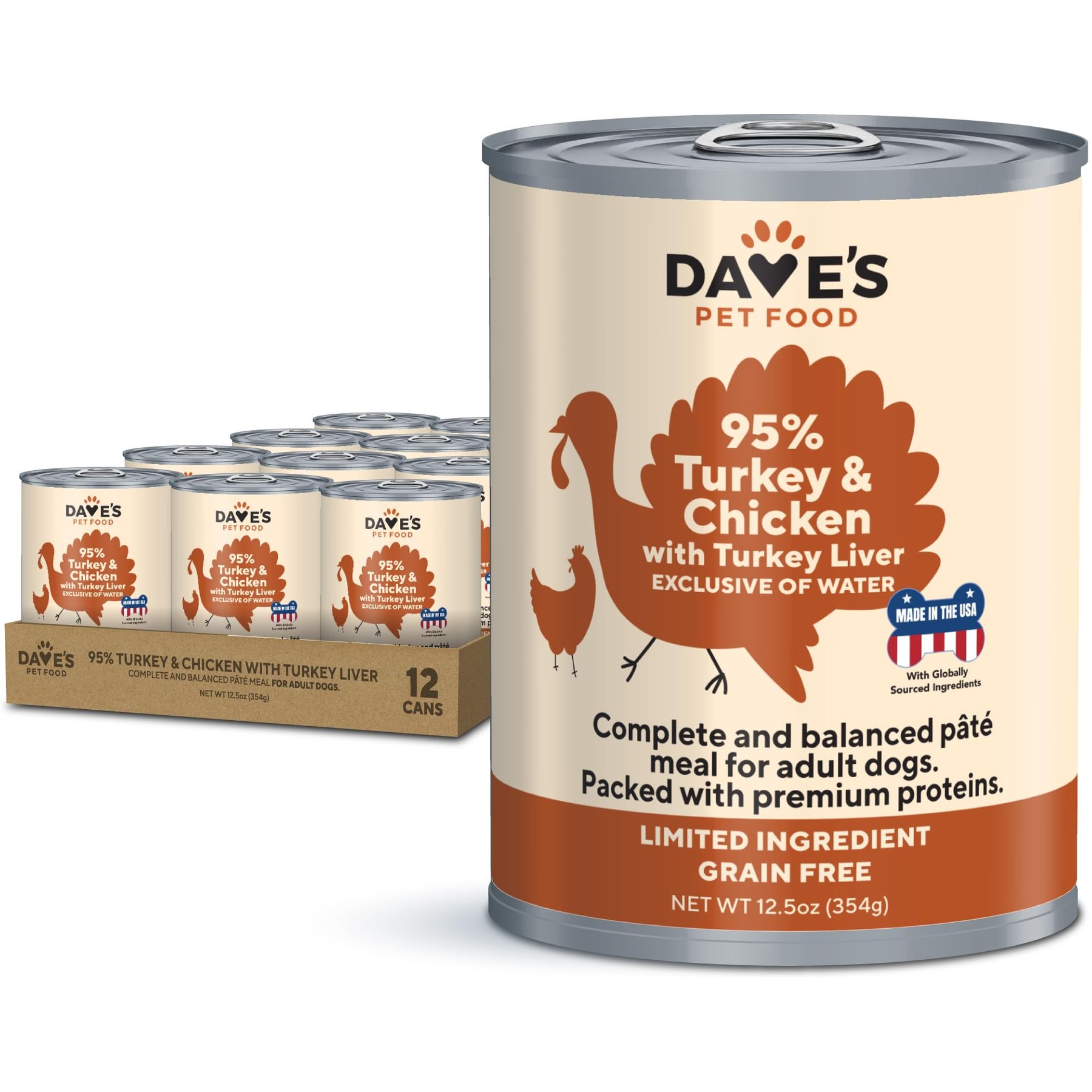 Dave's Pet Food 95% Premium Turkey & Chicken Pate Limited Ingredient Grain-Free Canned Wet Dog Food, 12.5-oz can, case of 12