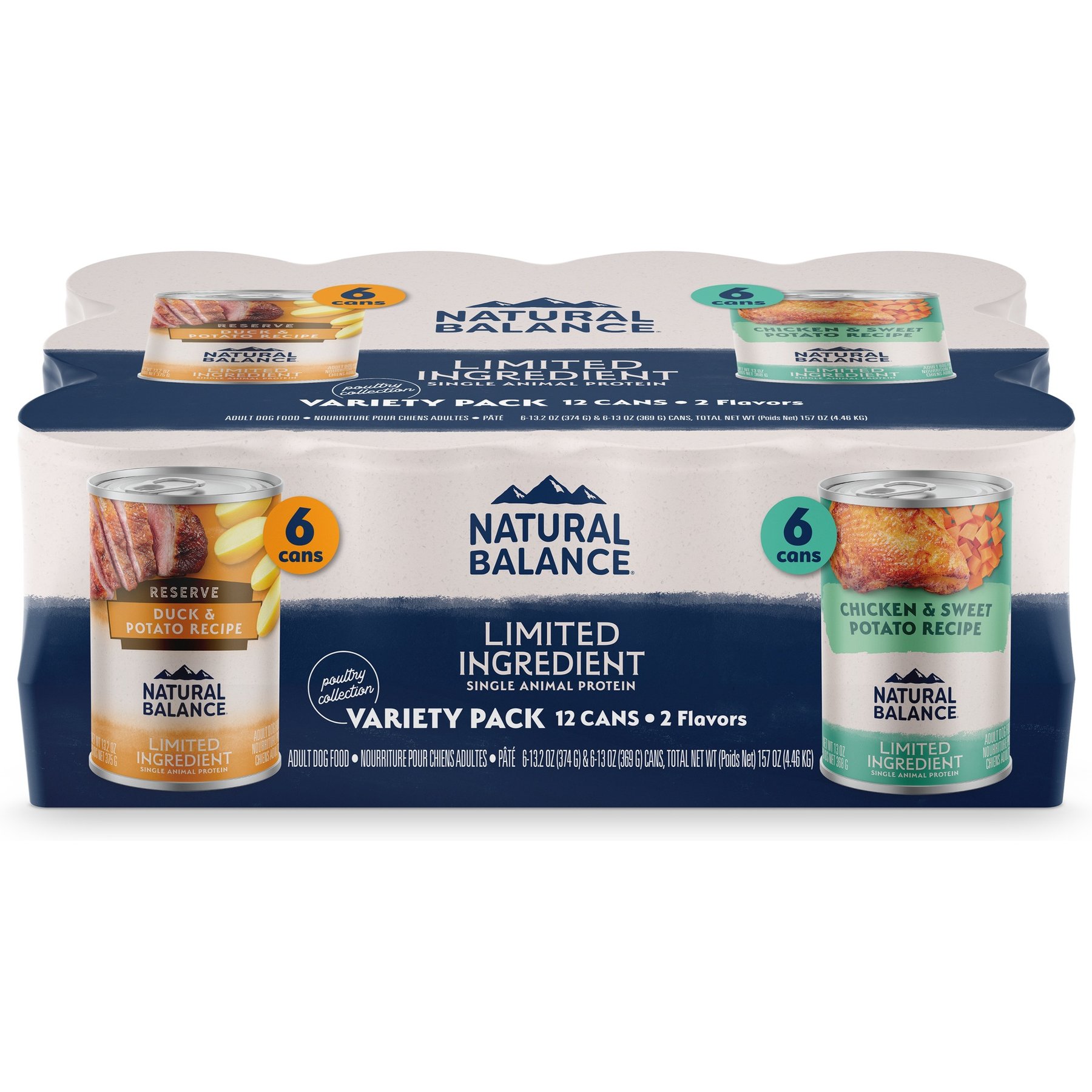 Natural Balance Limited Ingredient Poultry Variety Pack Reserve Duck & Potato & Chicken & Sweet Potato Wet Dog Food, 13-oz can, case of 12