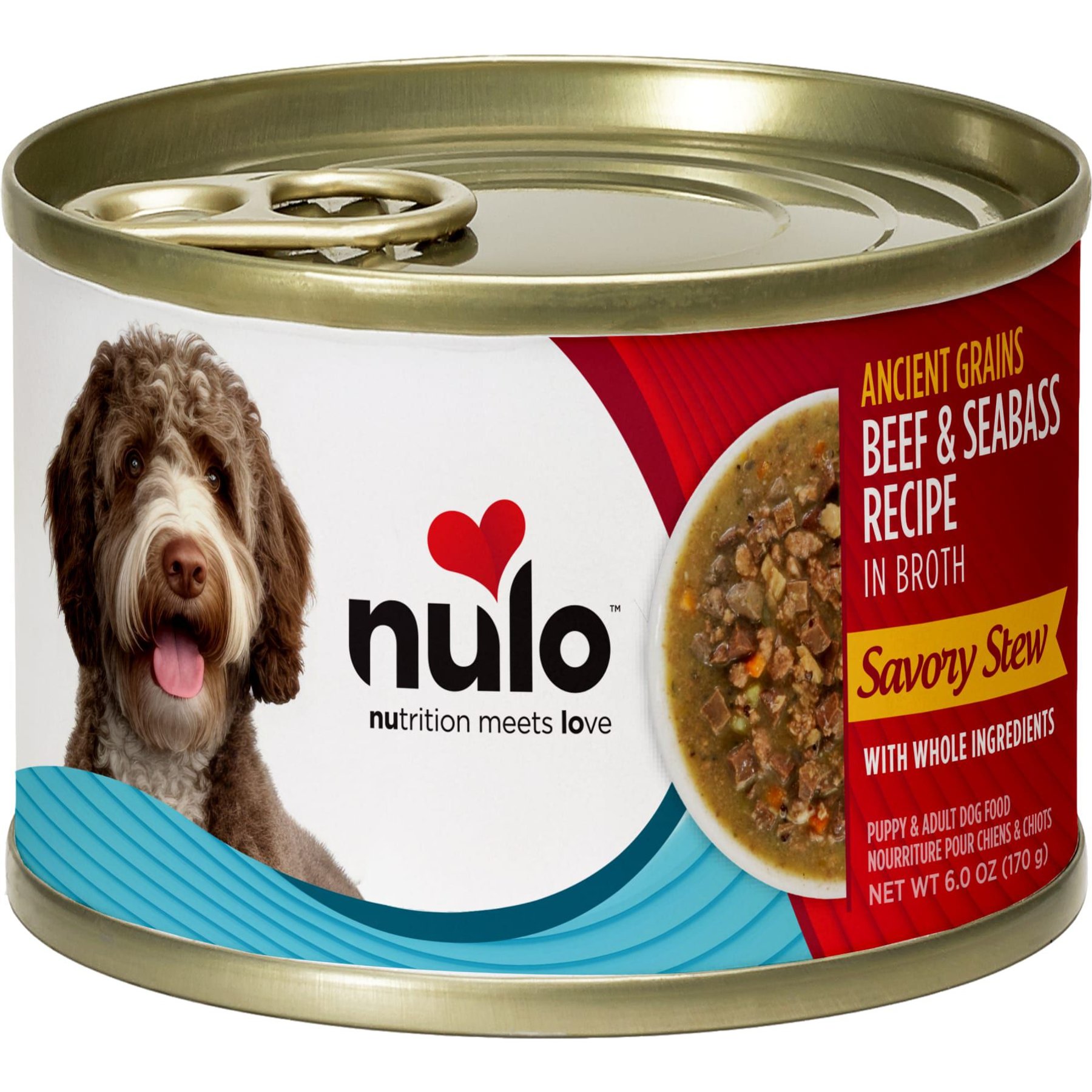 Nulo Ancient Grain Savory Stew Puppy & Adult Beef & Seabass Wet Dog Food, 6-oz can, 8 count