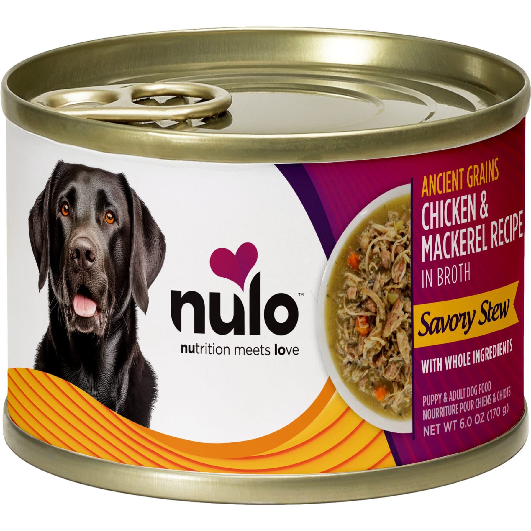 Nulo Ancient Grain Savory Stew Puppy & Adult Chicken & Mackerel Wet Dog Food, 6-oz can, 8 count