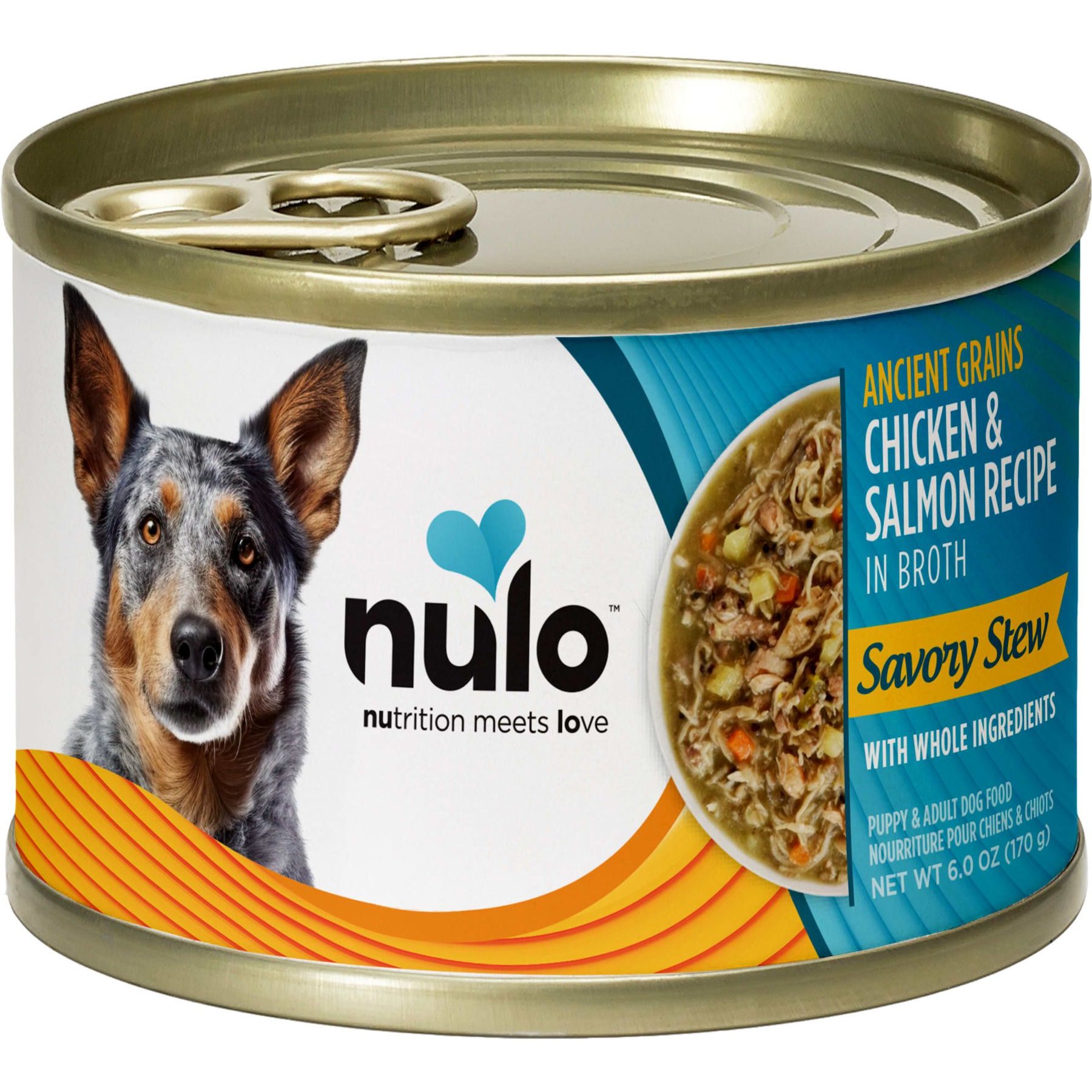 Nulo Ancient Grain Savory Stew Puppy & Adult Chicken & Salmon Wet Dog Food, 6-oz can, 8 count