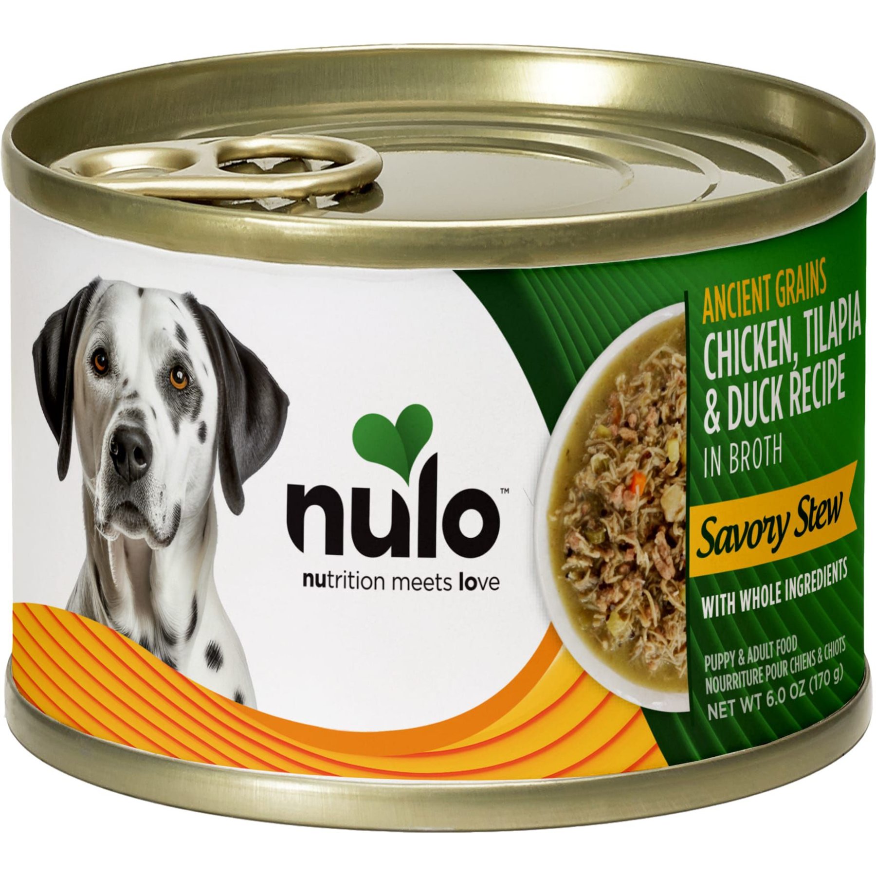 Nulo Ancient Grain Savory Stew Puppy & Adult Chicken, Tilapia, & Duck Wet Dog Food, 6-oz can, 8 count