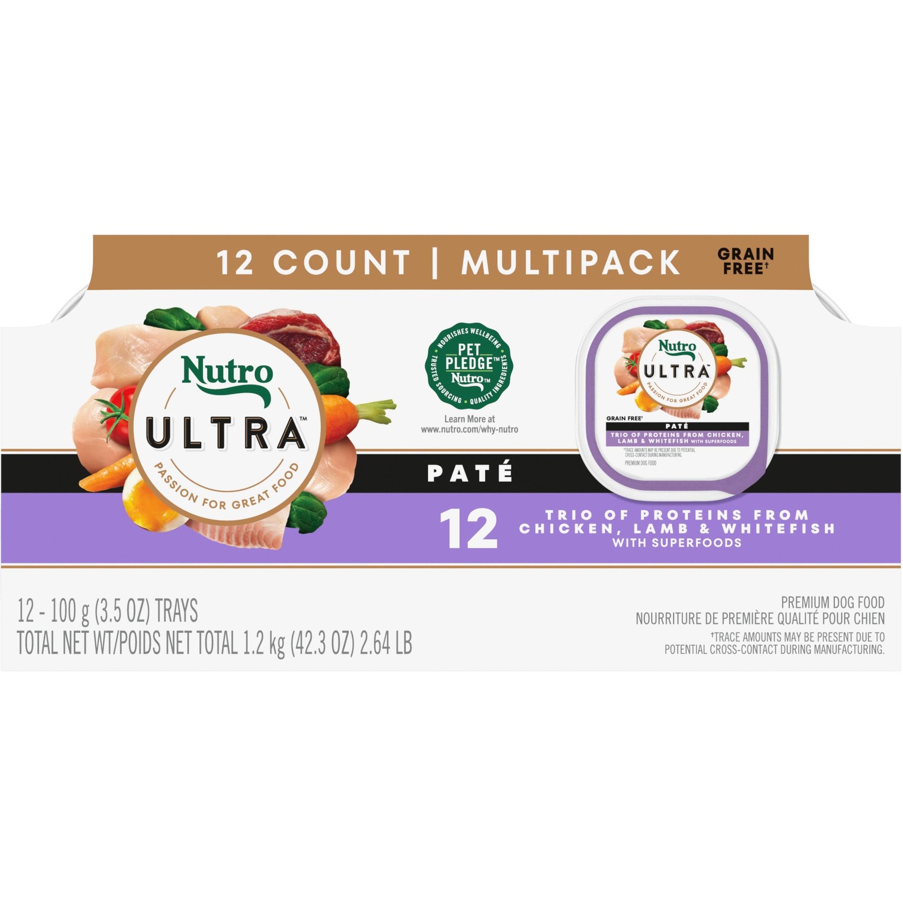 Nutro Ultra Trio of Proteins Adult Grain-Free Chicken, Lamb, Whitefish Pate Wet Dog Food Trays