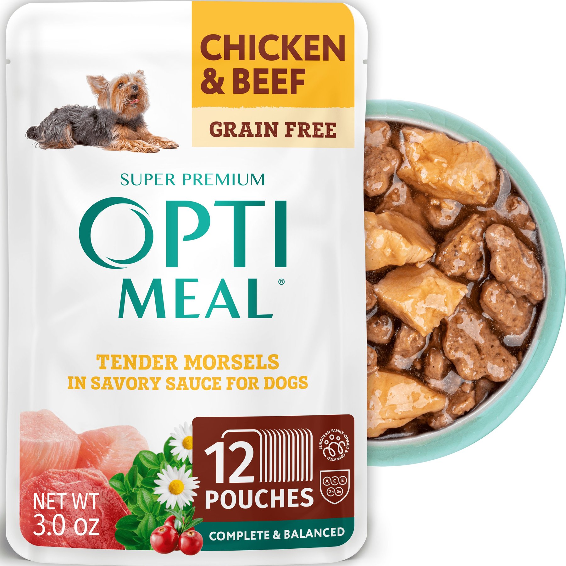 Optimeal Chicken & Beef Recipe Tender Morsels Grain-Free in Savory Sauce Adult Wet Dog Food, 3-oz pouch, 12 count