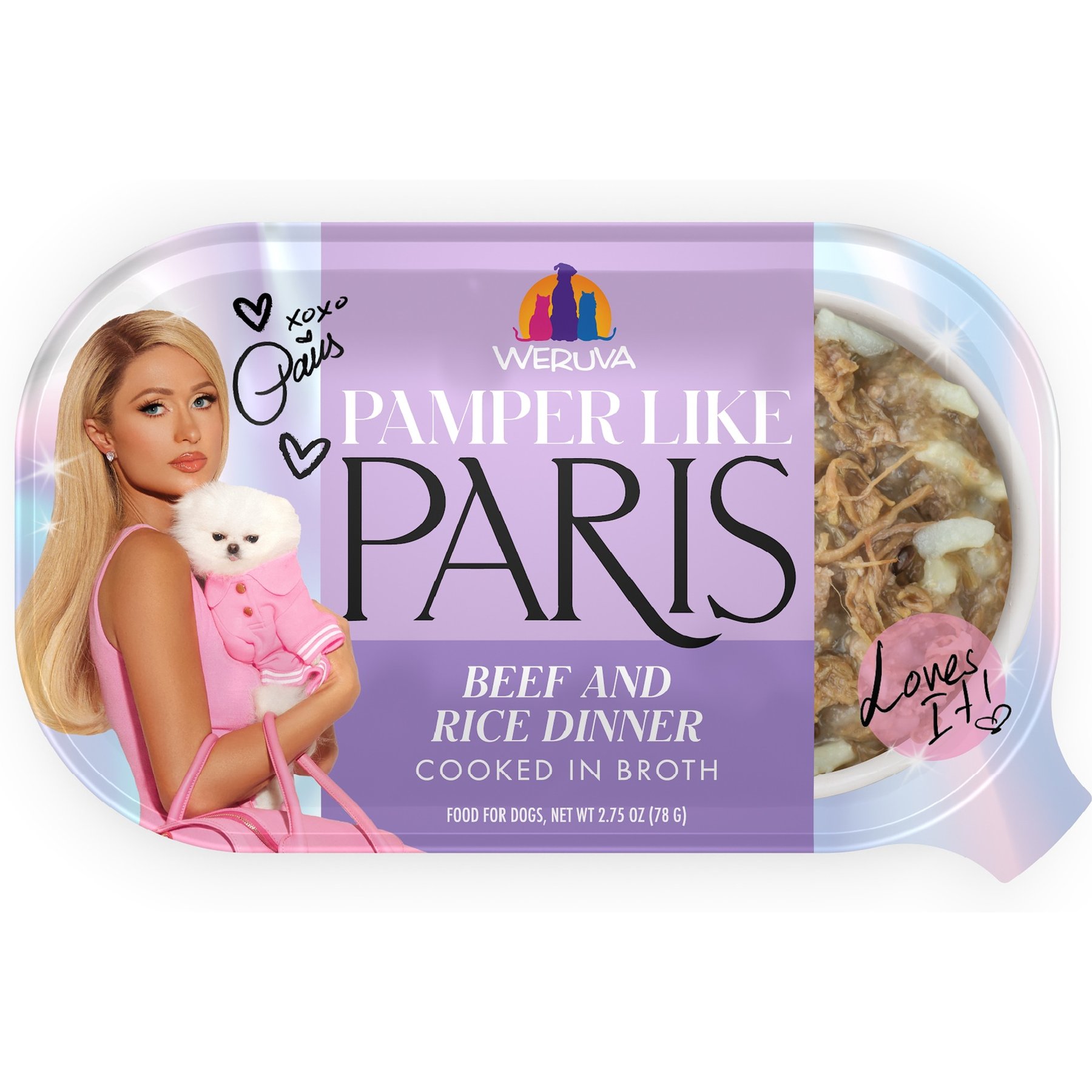 Pamper Like Paris Non-GMO Beef & Rice Dinner Shredded Wet Dog Food, 2.75-oz cup, case of 10