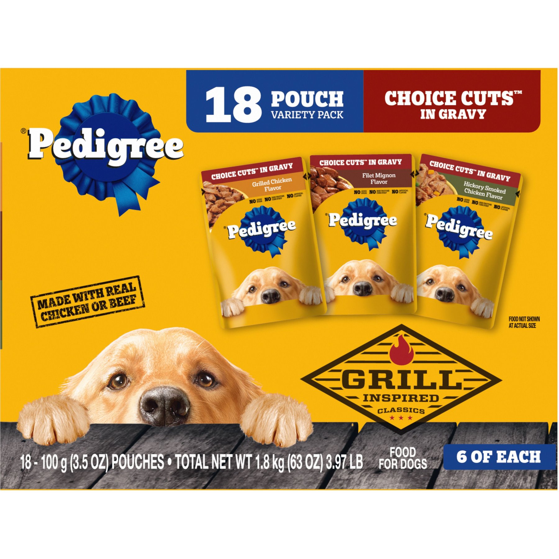 Pedigree Choice Cuts in Gravy Variety Pack, Hickory Smoked Chicken Flavor, Grilled Chicken Flavor in Sauce & Filet Mignon Flavor in Gravy Adult Wet Dog Food Pouches