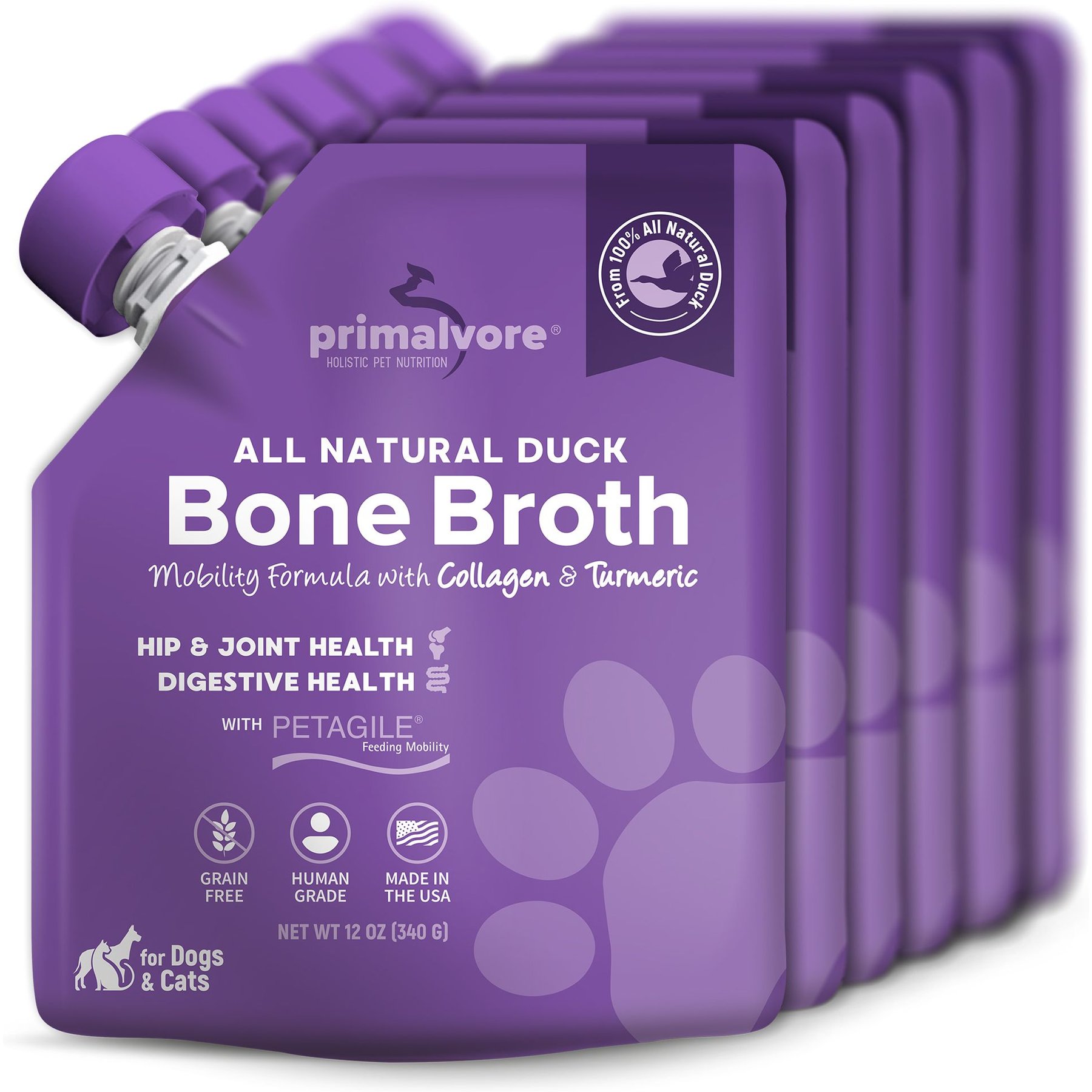 Primalvore All Natural Duck Bone Broth with Collagen + Turmeric Dog & Cat Food Topping, 12-oz bag, 6 count