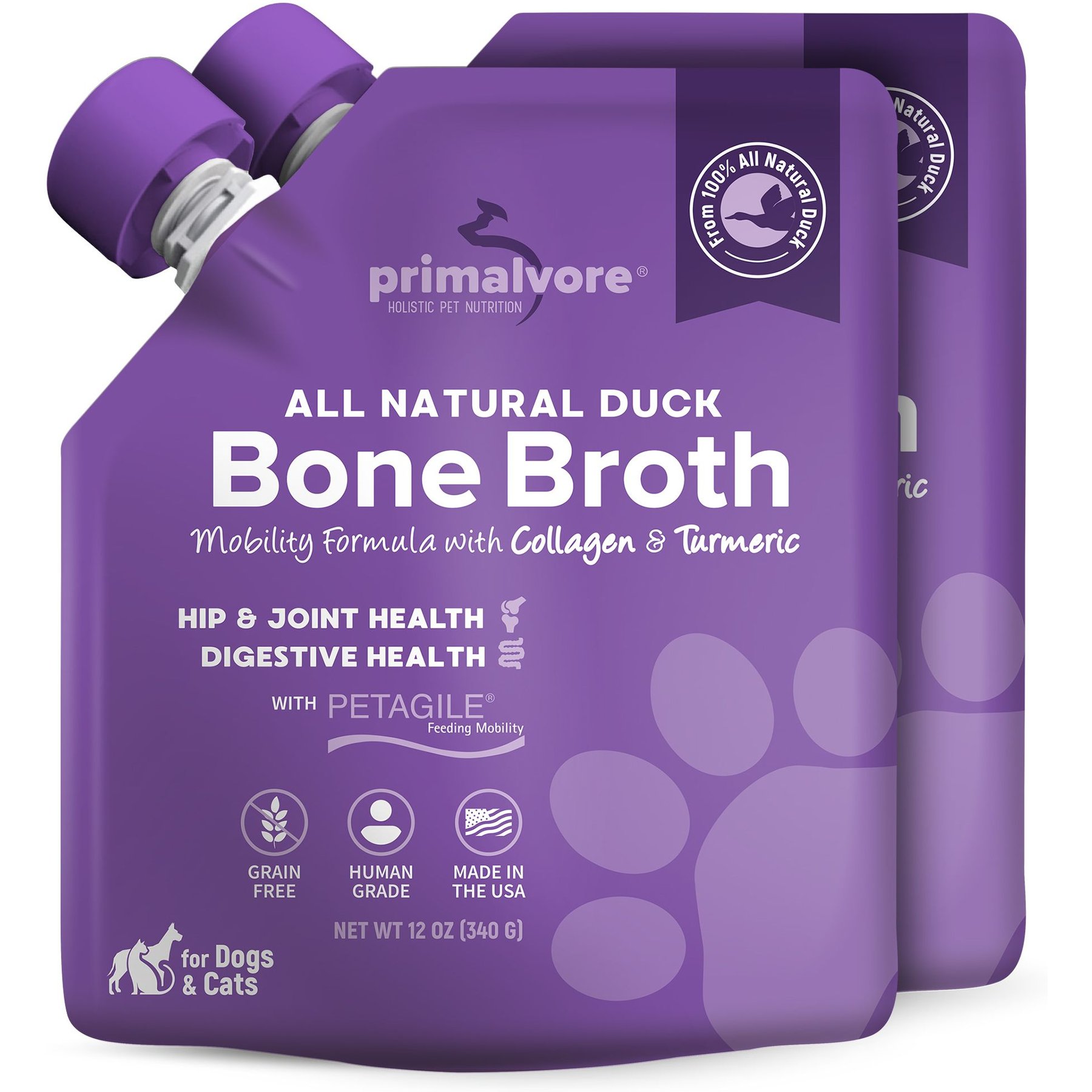 Primalvore All Natural Duck Bone Broth with Collagen & Turmeric Hip & Joint Support Grain-Free Liquid Dog Food Topper, 12-oz pouch, case of 2