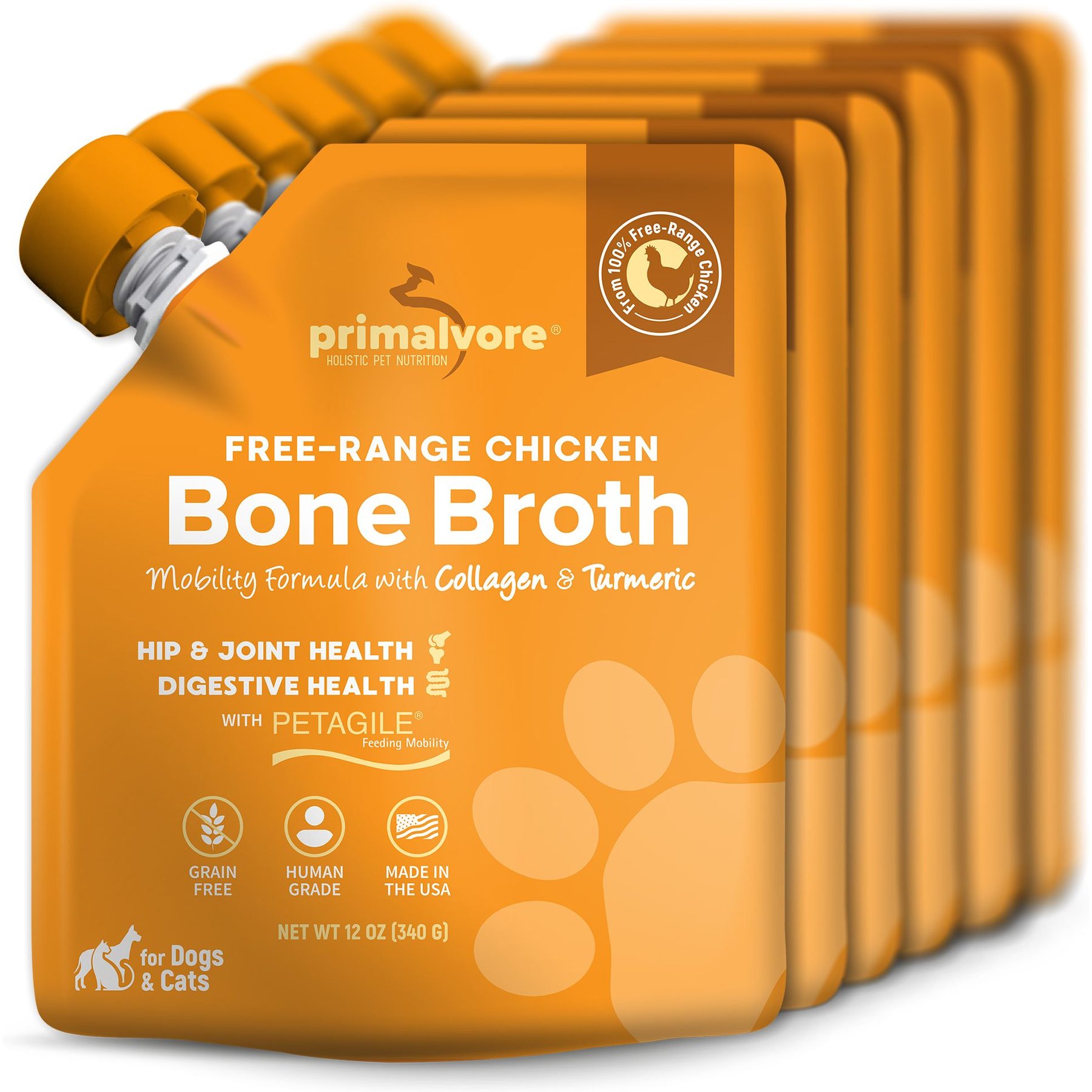 Primalvore Free Range Chicken Bone Broth with Collagen + Turmeric Dog & cat Food Topping, 12-oz bag, 6 count
