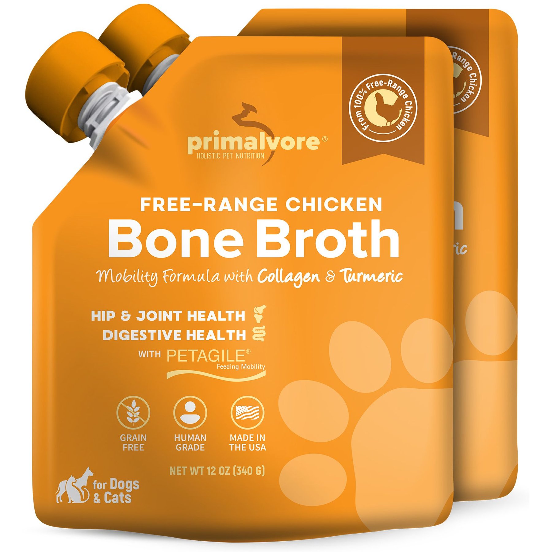 Primalvore Free Range Chicken Bone Broth with Collagen & Turmeric Hip & Joint Support Grain-Free Liquid Dog Food Topper, 12-oz pouch, case of 2
