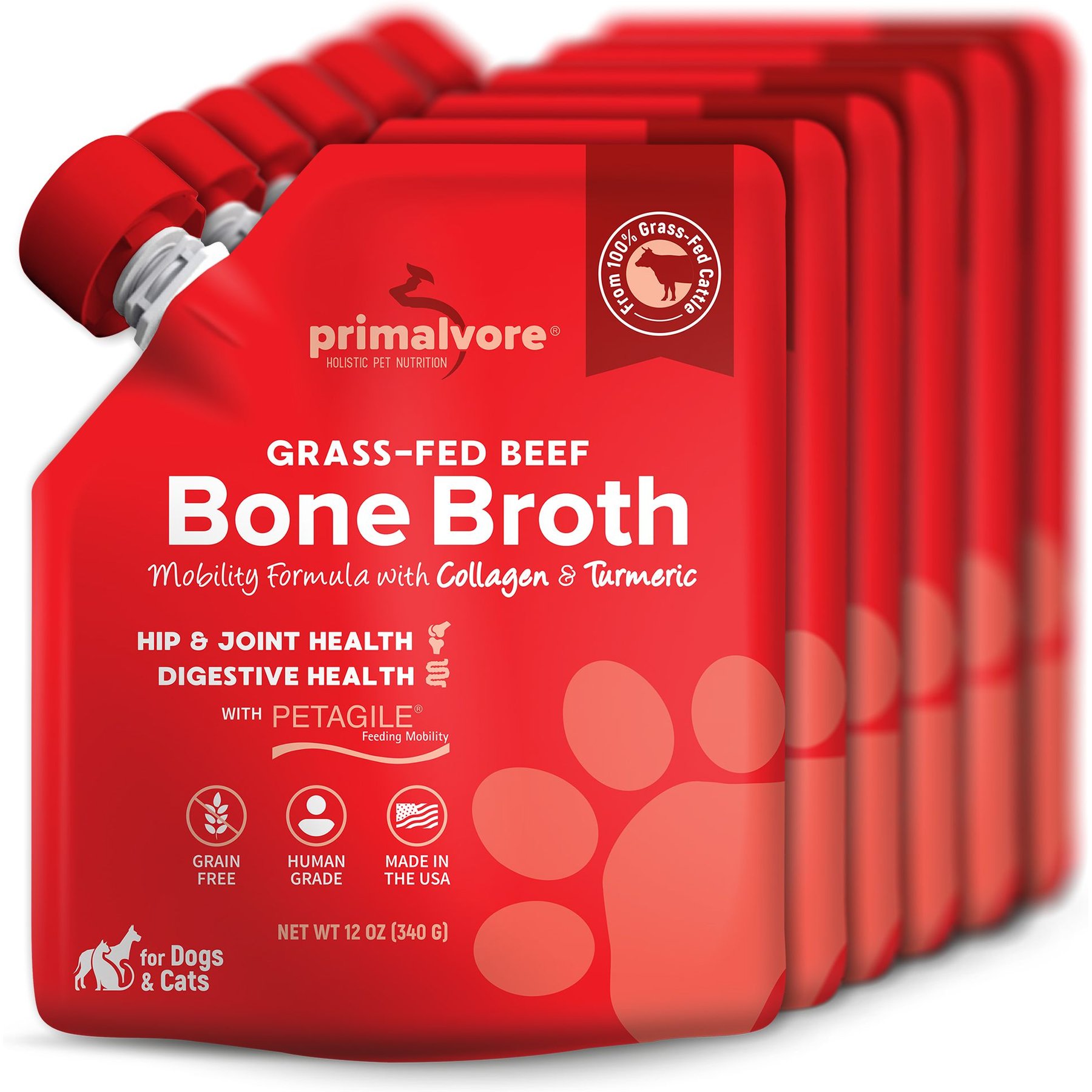 Primalvore Grass-Fed Beef Bone Broth with Collagen + Turmeric Dog & Cat Food Topping, 12-oz bag, 6 count