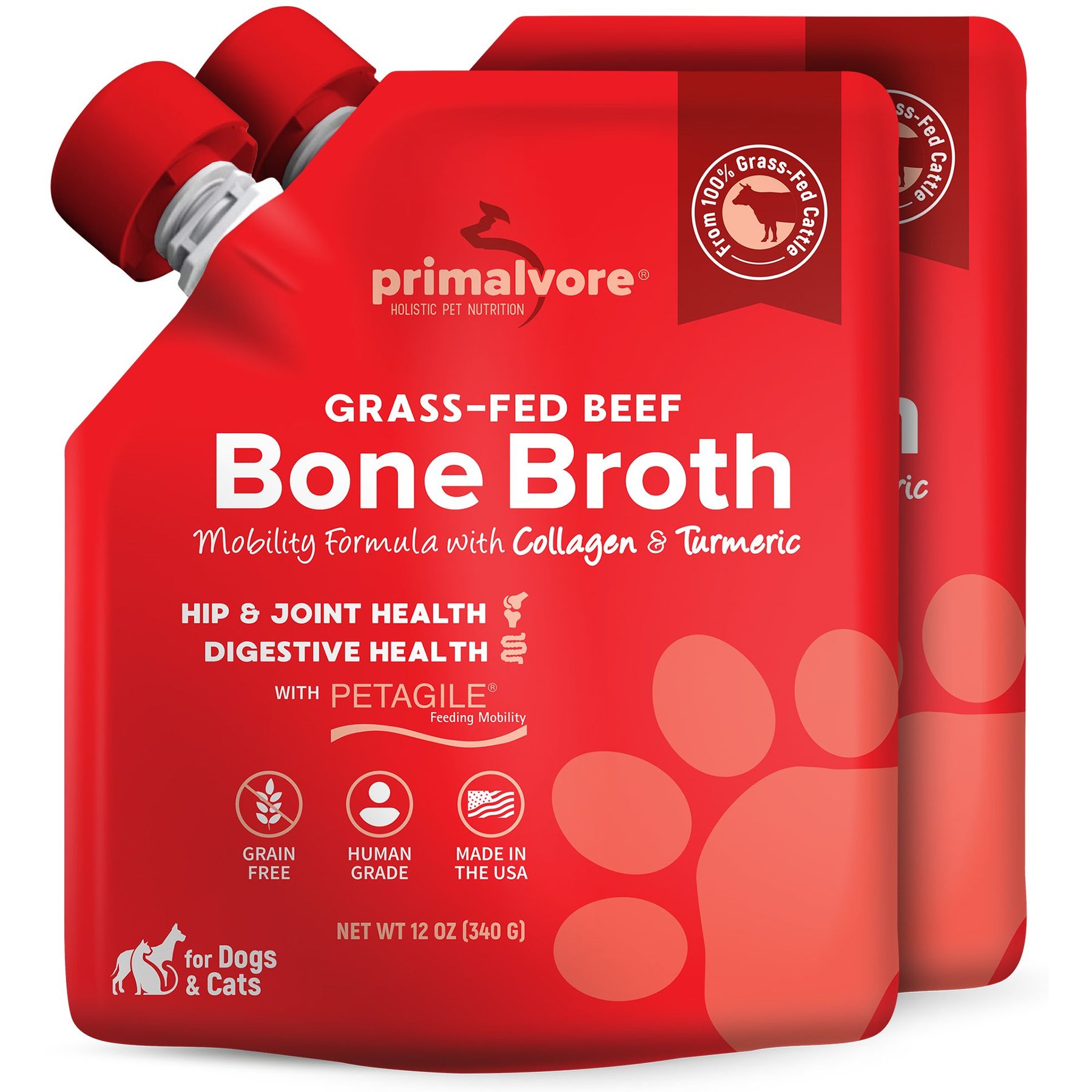 Primalvore Grass-Fed Beef Bone Broth with Collagen & Turmeric Hip & Joint Support Grain-Free Liquid Dog Food Topper, 12-oz pouch, case of 2
