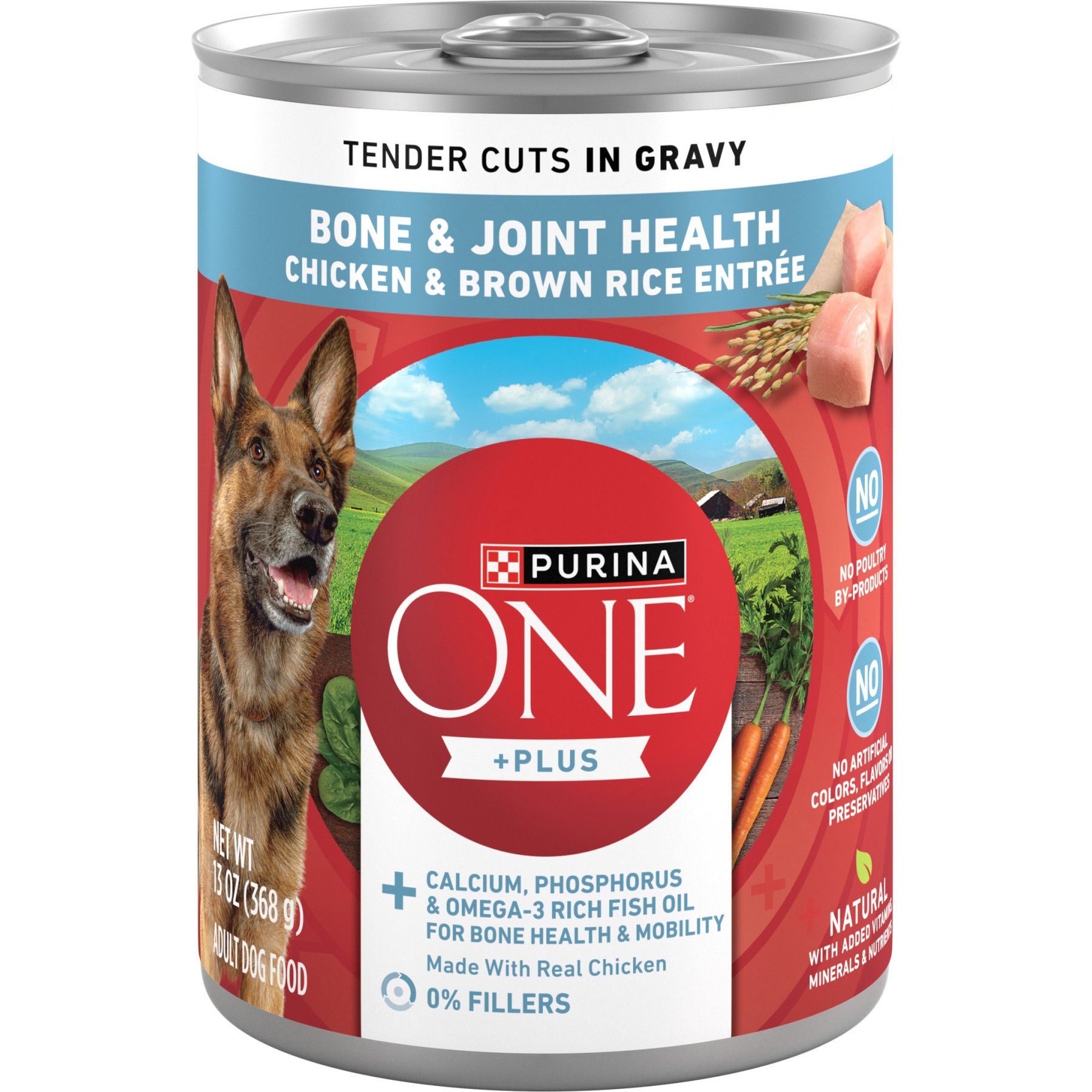 Purina ONE Plus Tender Cuts in Gravy Bone & Joint Health Chicken & Brown Rice Entree Natural Wet Dog Food, 13-oz can, case of 12