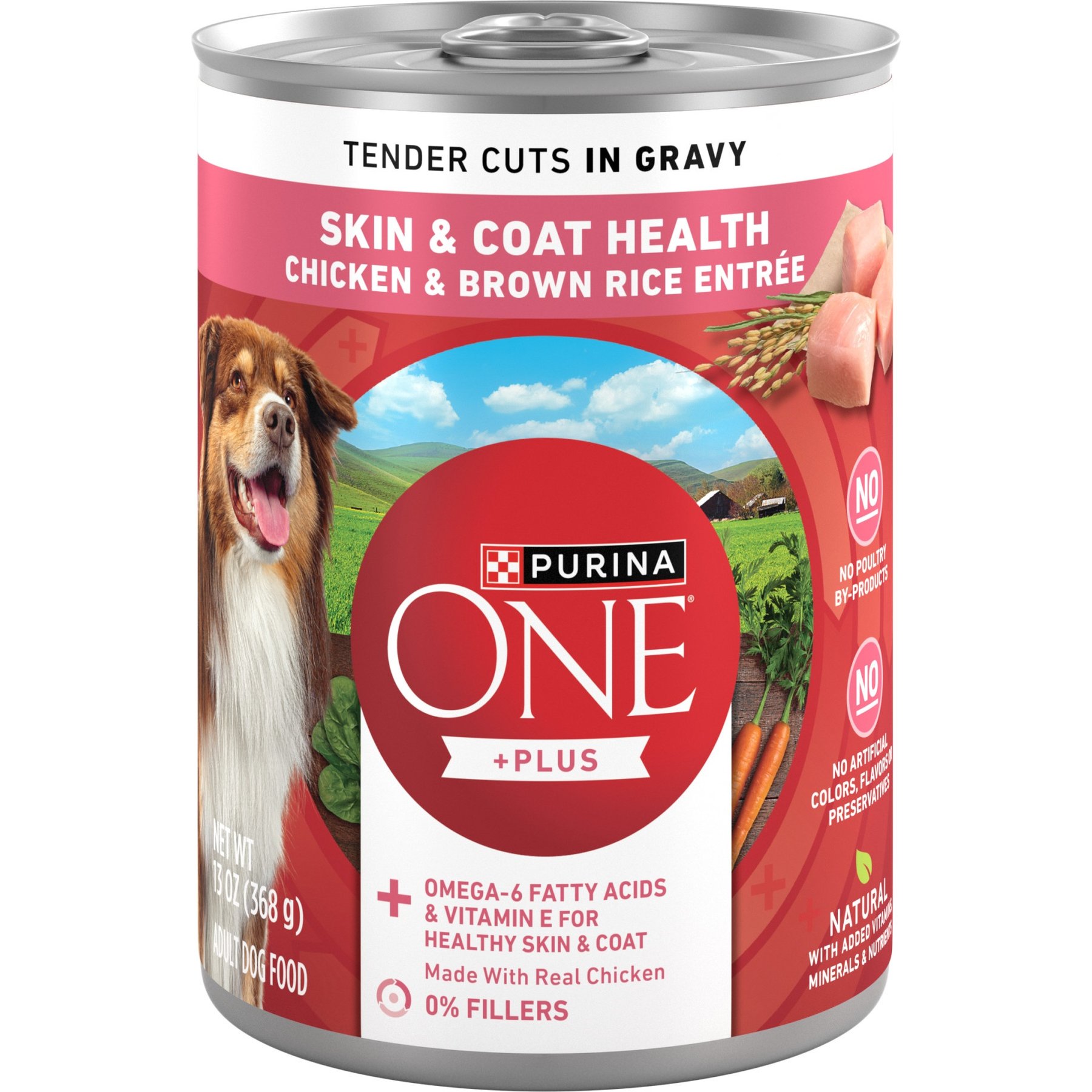 Purina ONE Plus Tender Cuts in Gravy Skin & Coat Chicken & Brown Rice Entree Natural Wet Dog Food, 13-oz can, case of 12