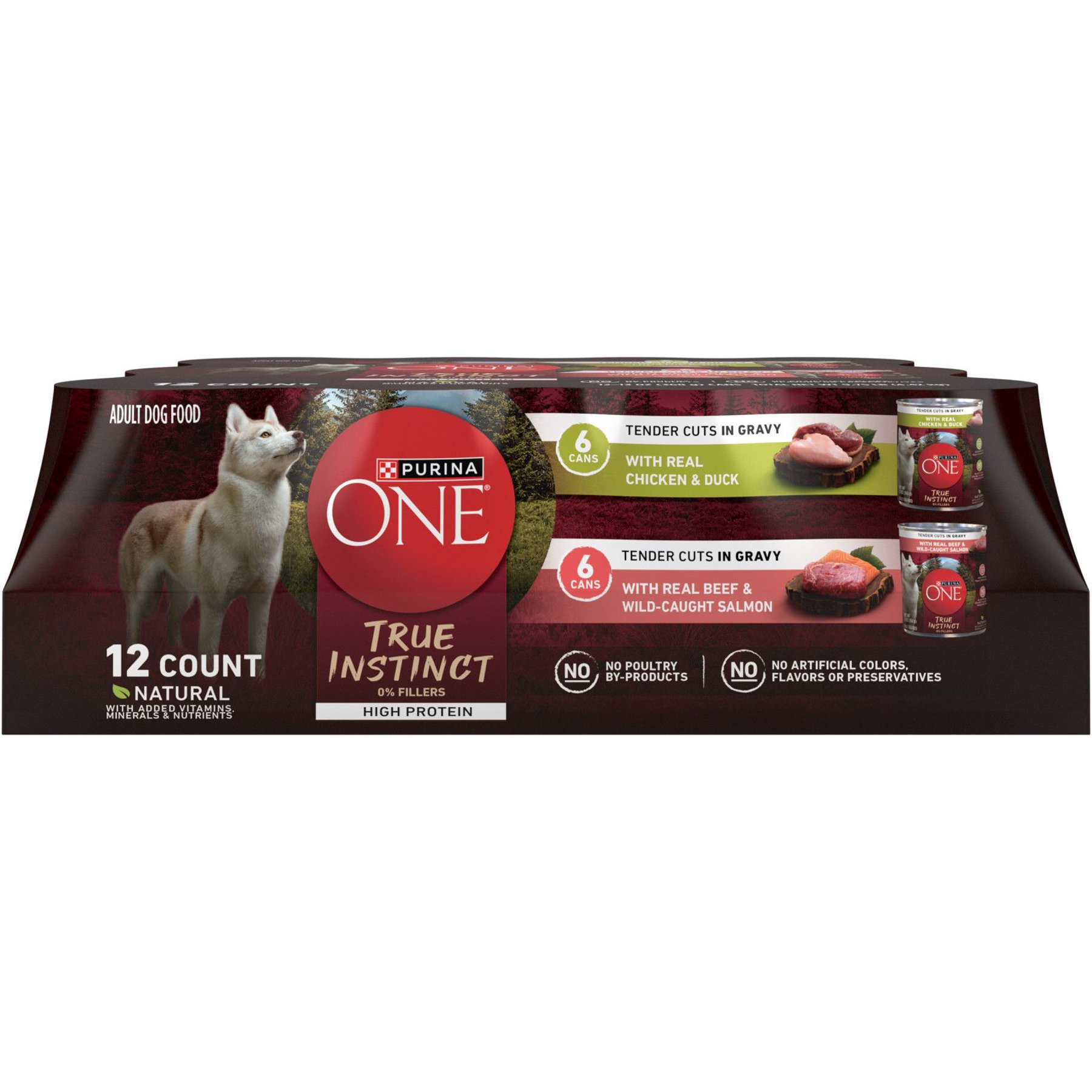 Purina ONE True Instinct Variety Pack High Protein Tender Cuts in Gravy Chicken & Duck, Beef & Salmon Wet Dog Food, 13-oz can, case of 12