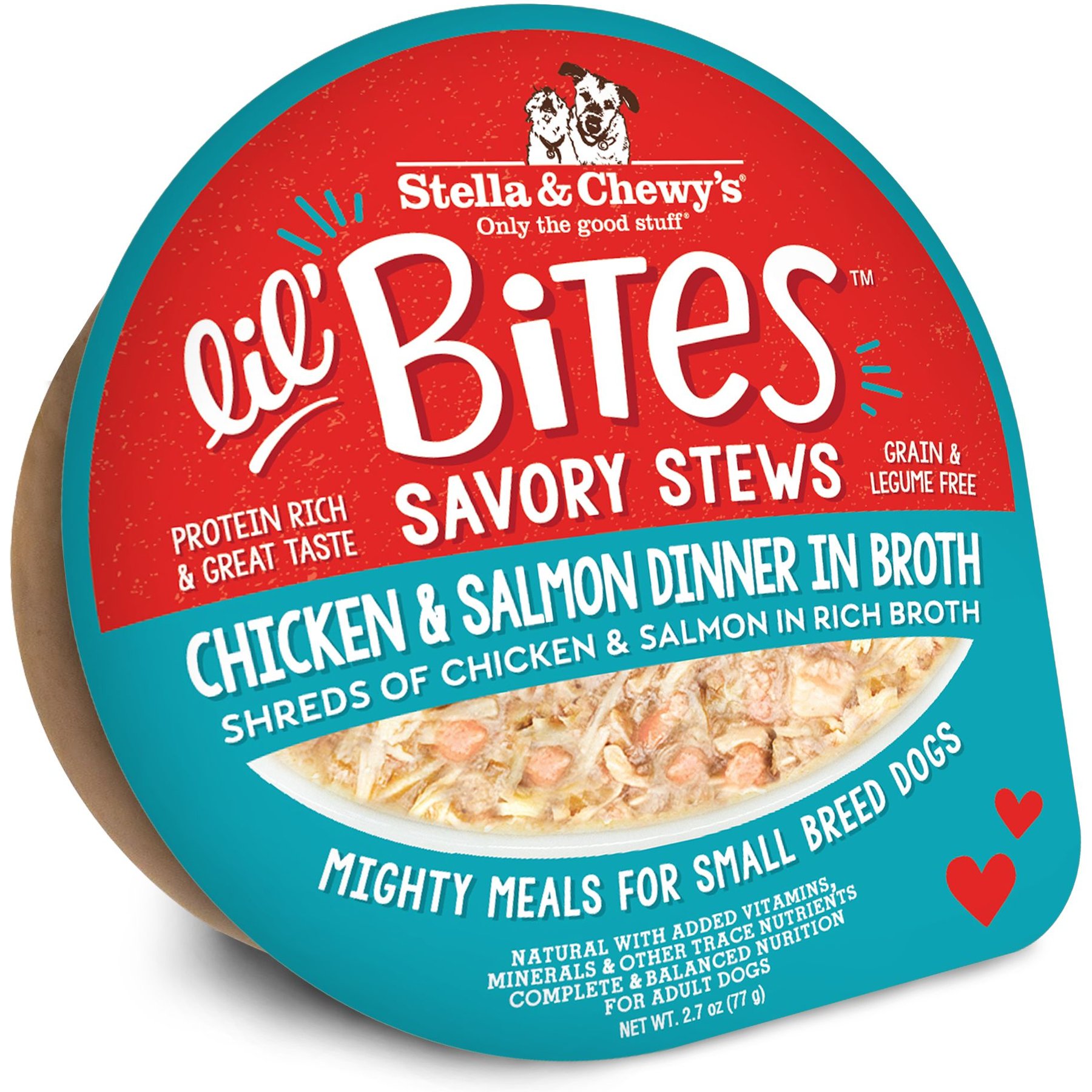 Stella & Chewy's Lil Bites Savory Stews Grain-Free Chicken & Salmon in Broth Flavored Shredded Small Breed Wet Dog Food, 2.7-oz cup, case of 12