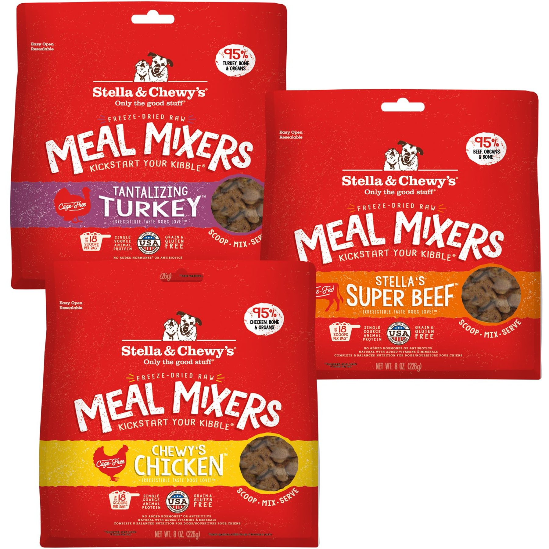 Stella & Chewy's Meal Mixers Super Beef, Chewy's Chicken & Tantalizing Turkey Grain-Free Adult Freeze-Dried Raw Dog Food Topper, 8-oz bag, pack of 3