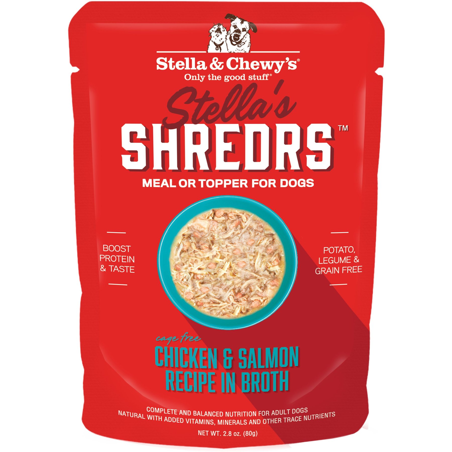 Stella & Chewy's Stella’s Shredrs Cage Free Chicken & Salmon Recipe in Broth Adult Wet Dog Food, 2.8-oz pouch, case of 24