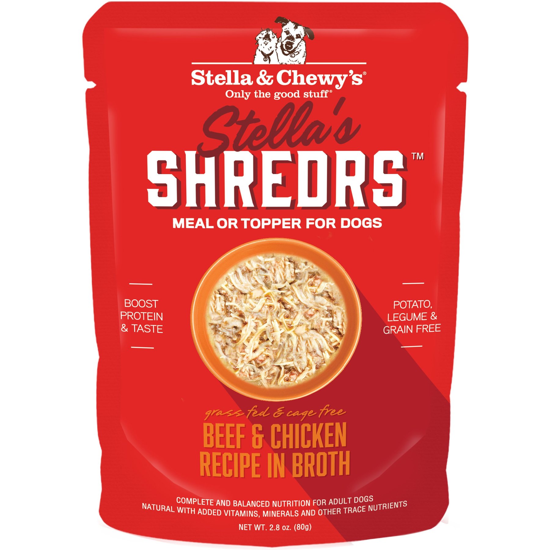 Stella & Chewy's Stella’s Shredrs Grass Fed & Cage Free Beef & Chicken Recipe in Broth Adult Wet Dog Food, 2.8-oz pouch, case of 24