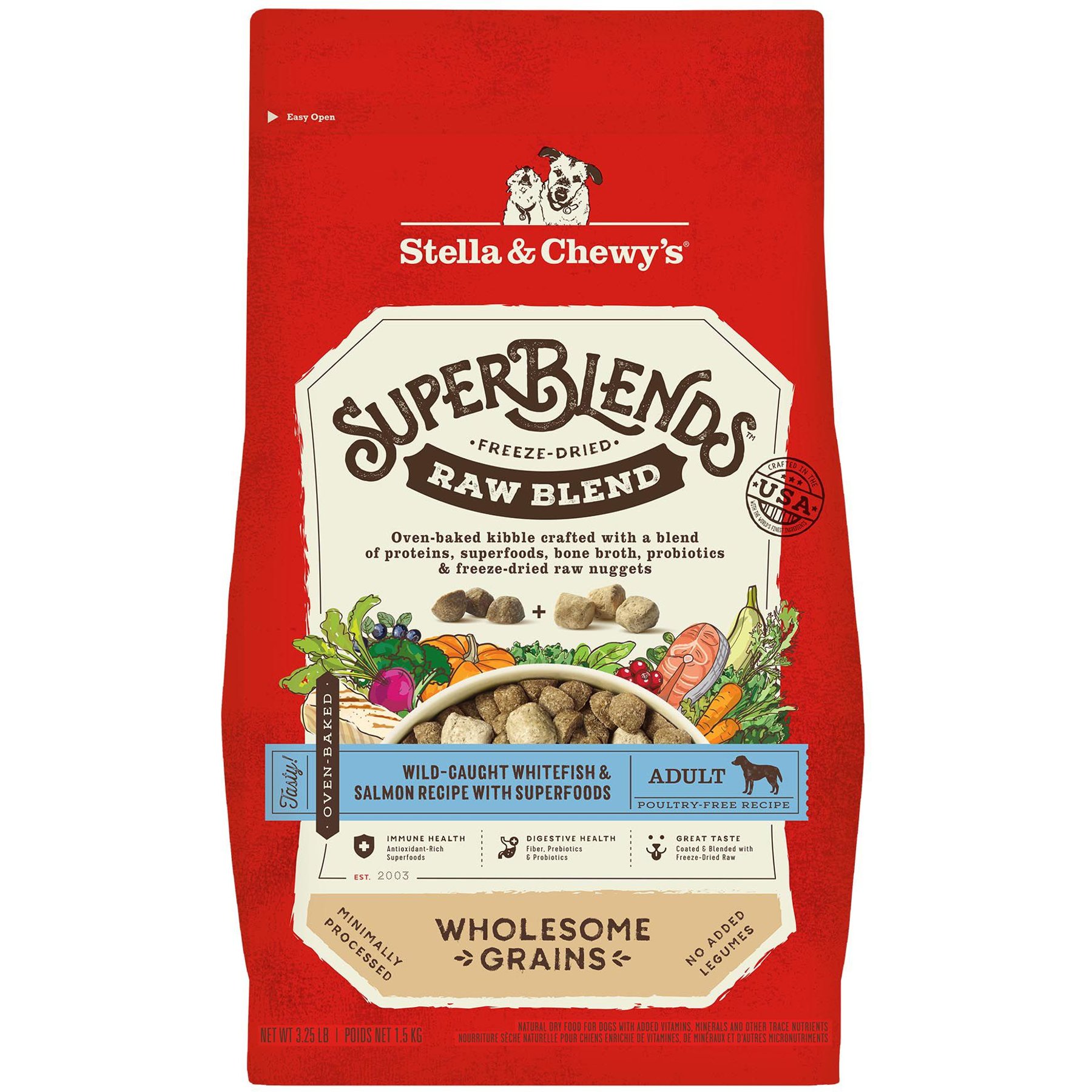 Stella & Chewy's SuperBlends Raw Blend Wholesome Grains Wild-Caught Whitefish & Salmon Recipe with Superfoods Dry Dog Food