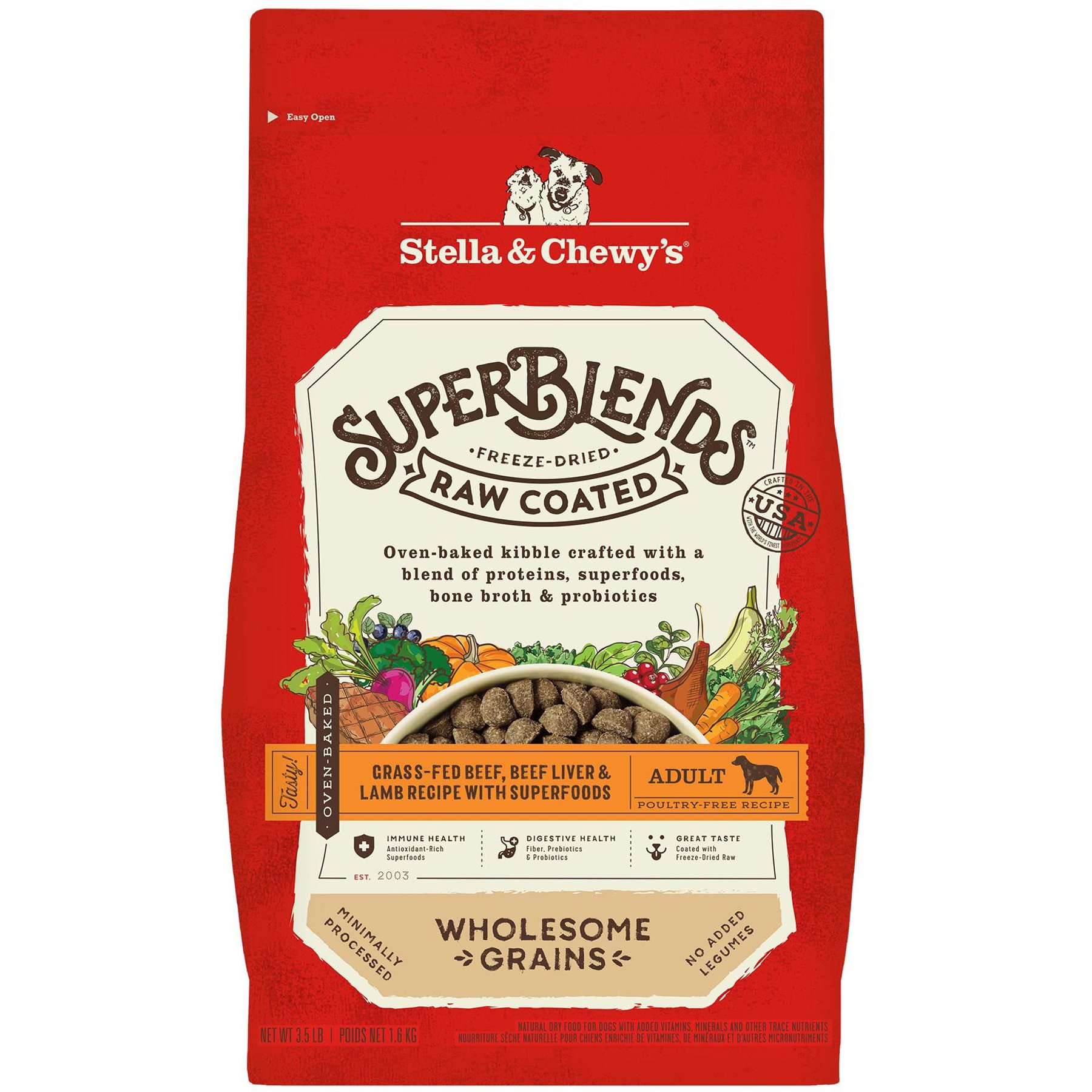 Stella & Chewy's SuperBlends Raw Coated Wholesome Grains Grass-Fed Beef, Beef Liver & Lamb Recipe with Superfoods Dry Dog Food