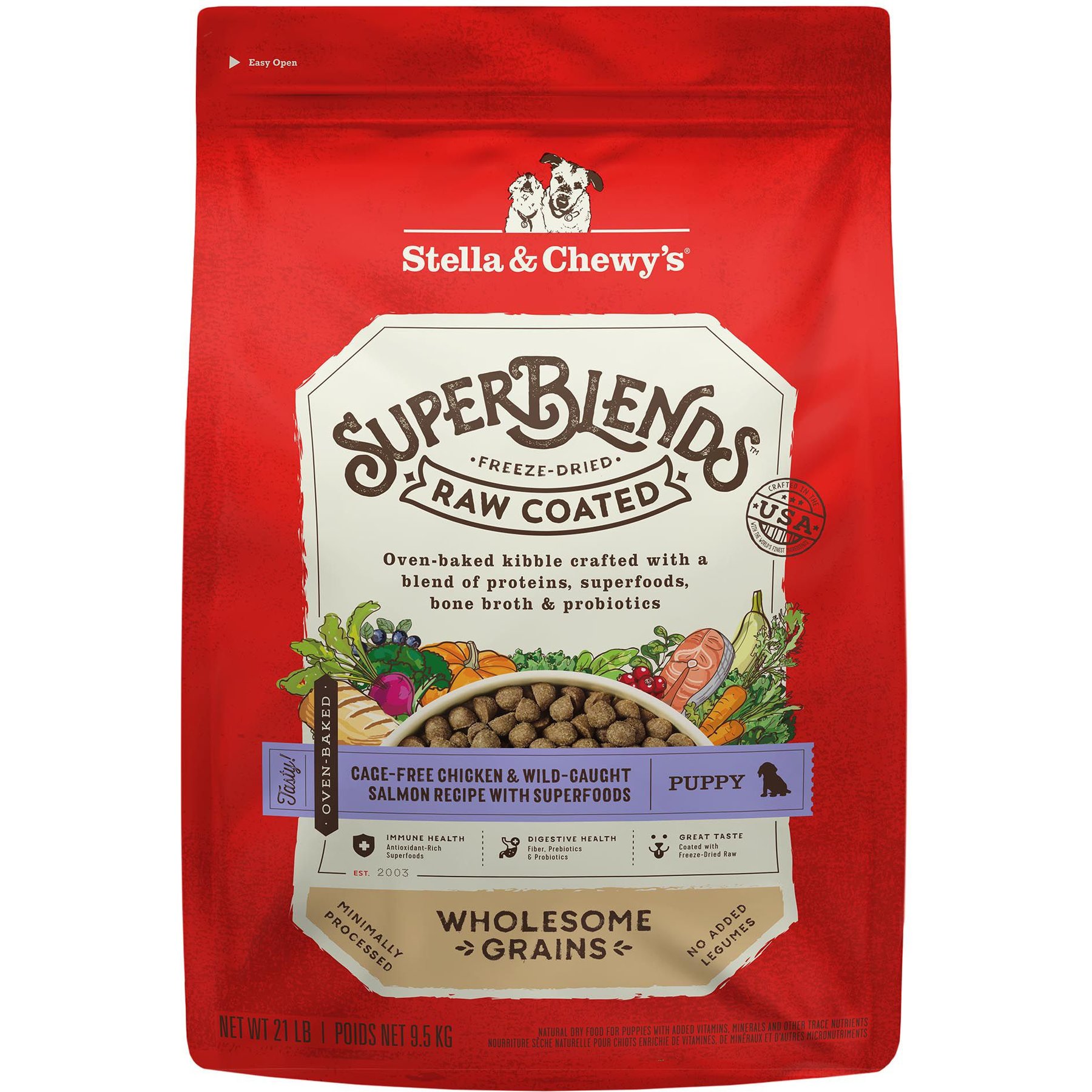 Stella & Chewy's SuperBlends Raw Coated Wholesome Grains Puppy Cage-Free Chicken & Wild-Caught Salmon Recipe with Superfoods Dry Dog Food