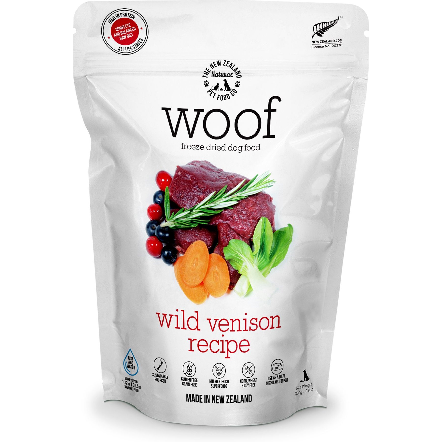 The New Zealand Natural Pet Food Co. The New Zealand Natural Pet Food Co. Woof Wild Venison Recipe Grain-Free Freeze-Dried Dog Food dog food package