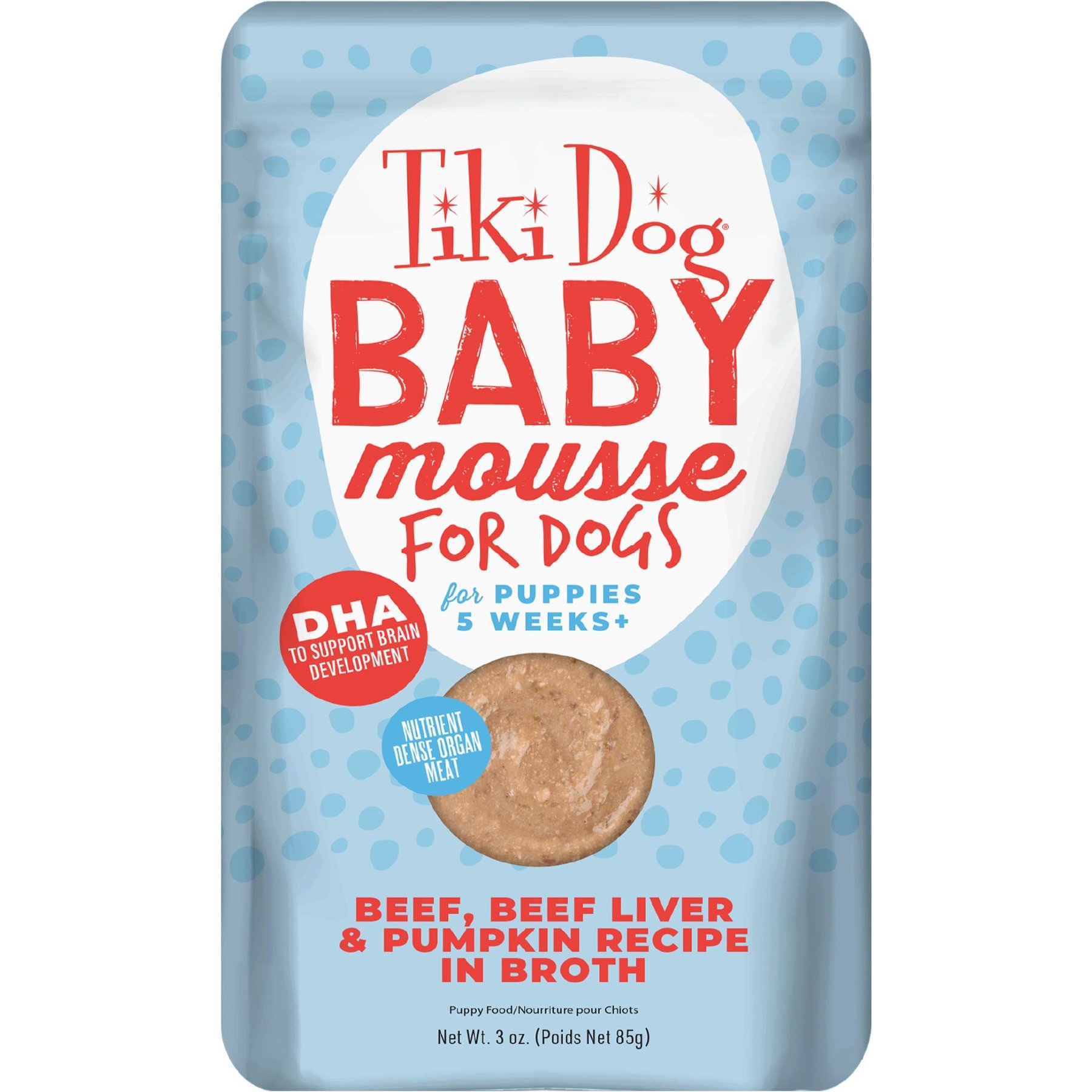 Tiki Dog Baby Mousse for Puppies Grain-Free, Beef, Beef Liver & Pumpkin Recipe Wet Dog Food, 3-oz pouch, case of 12