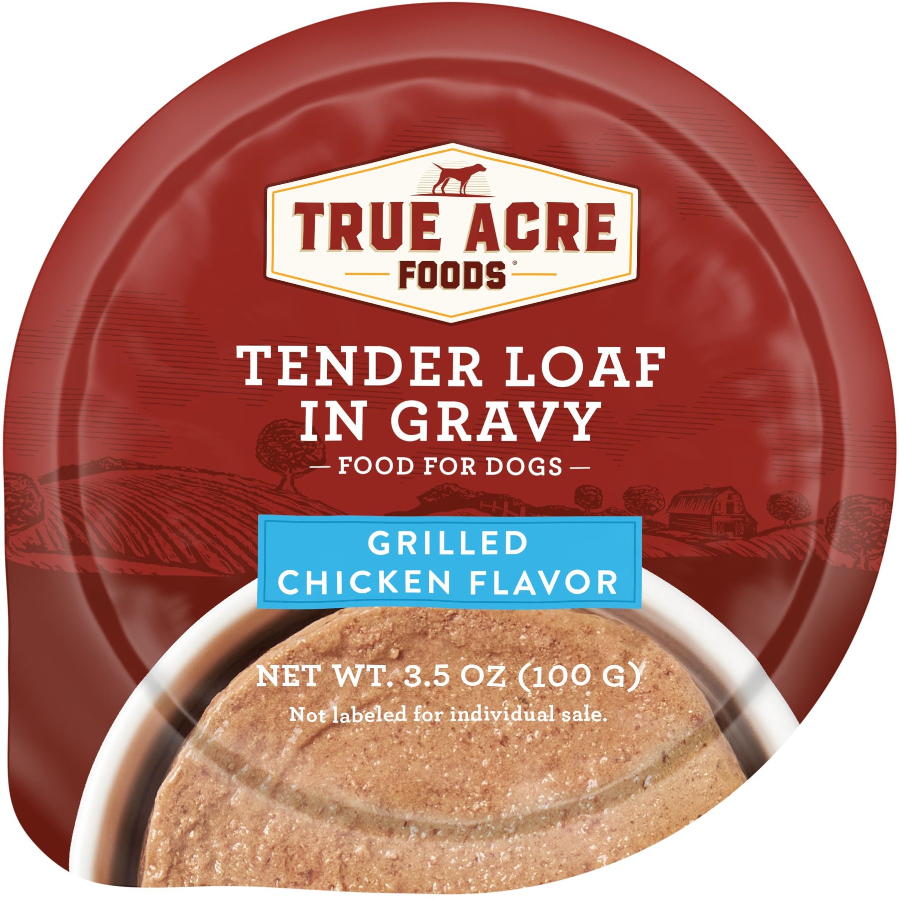 True Acre Foods Grilled Chicken Flavor Tender Loaf in Gravy, Wet Dog Food, 3.5-oz cup, case of 12