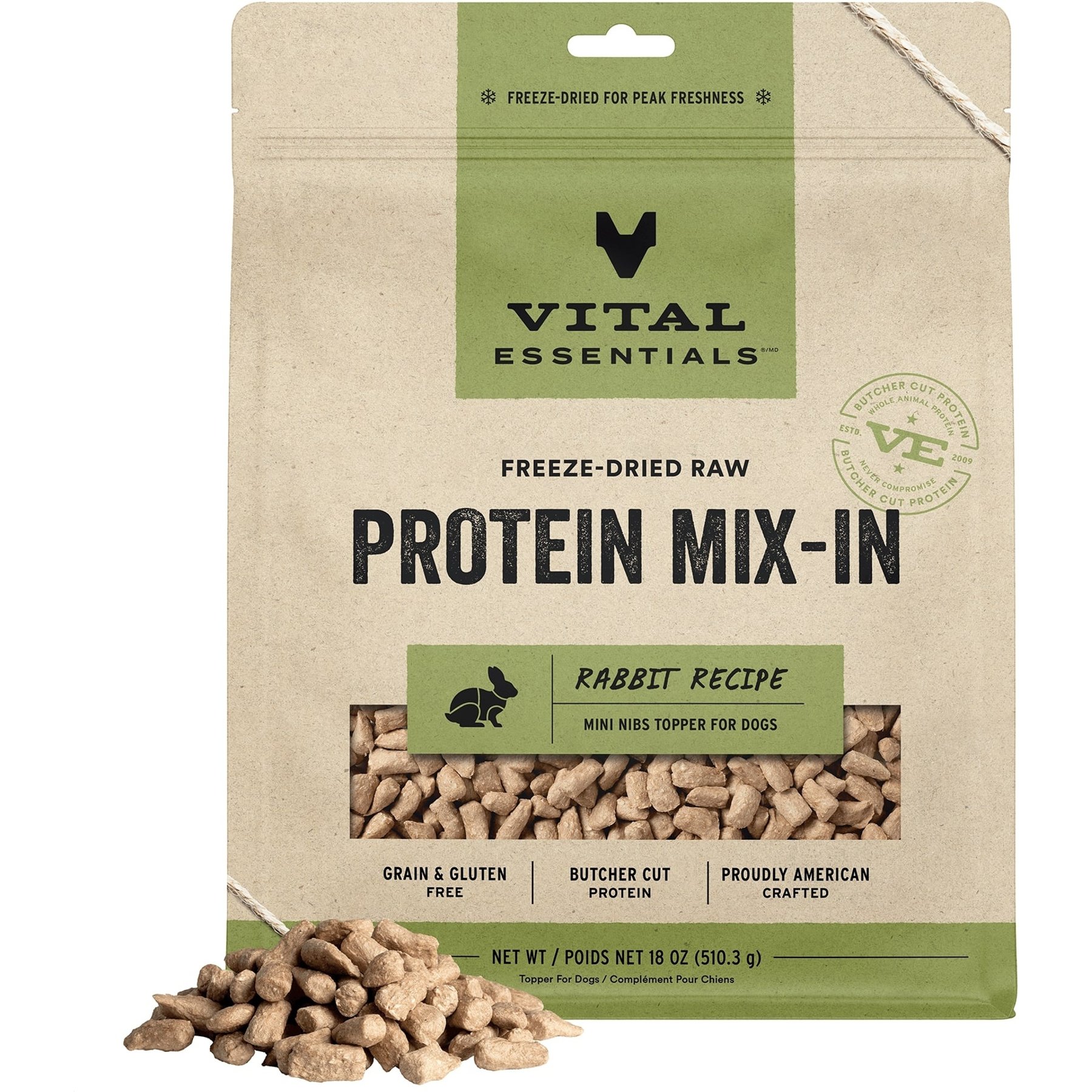 Vital Essentials Protein Mix-In Rabbit Recipe Mini Nibs Grain-Free Freeze-Dried Raw Dog Food Topper