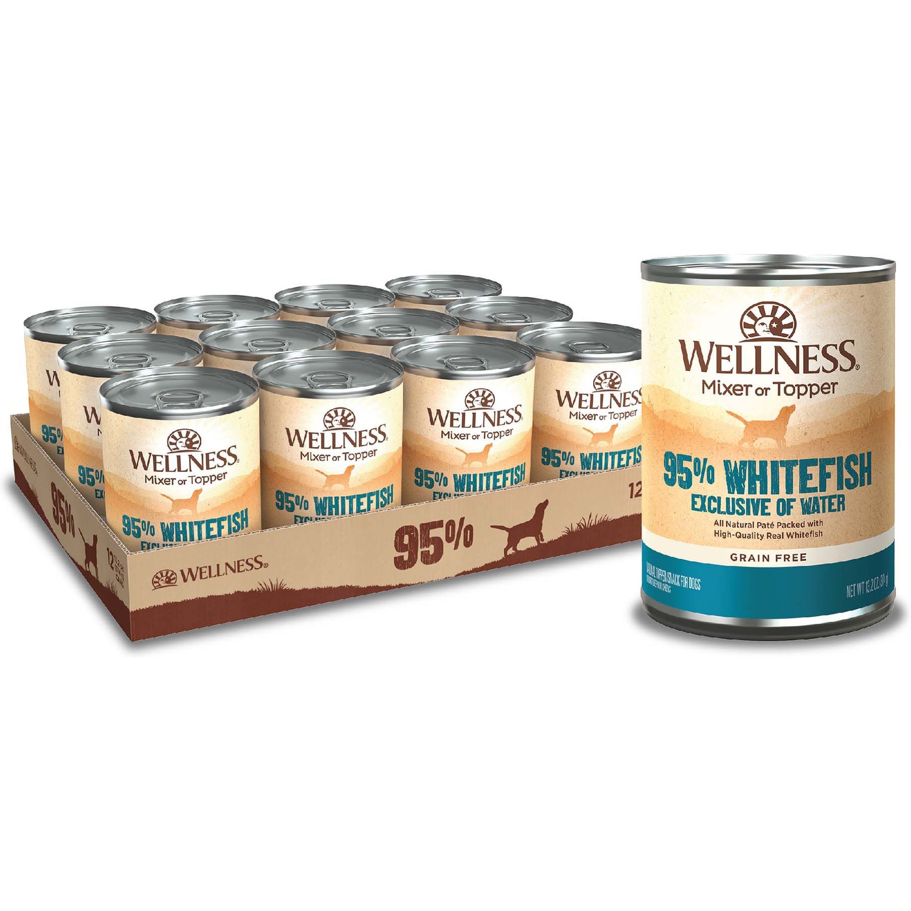 Wellness 95% Whitefish Natural Grain-Free Wet Dog Food Topper, 13.2-oz can, case of 12