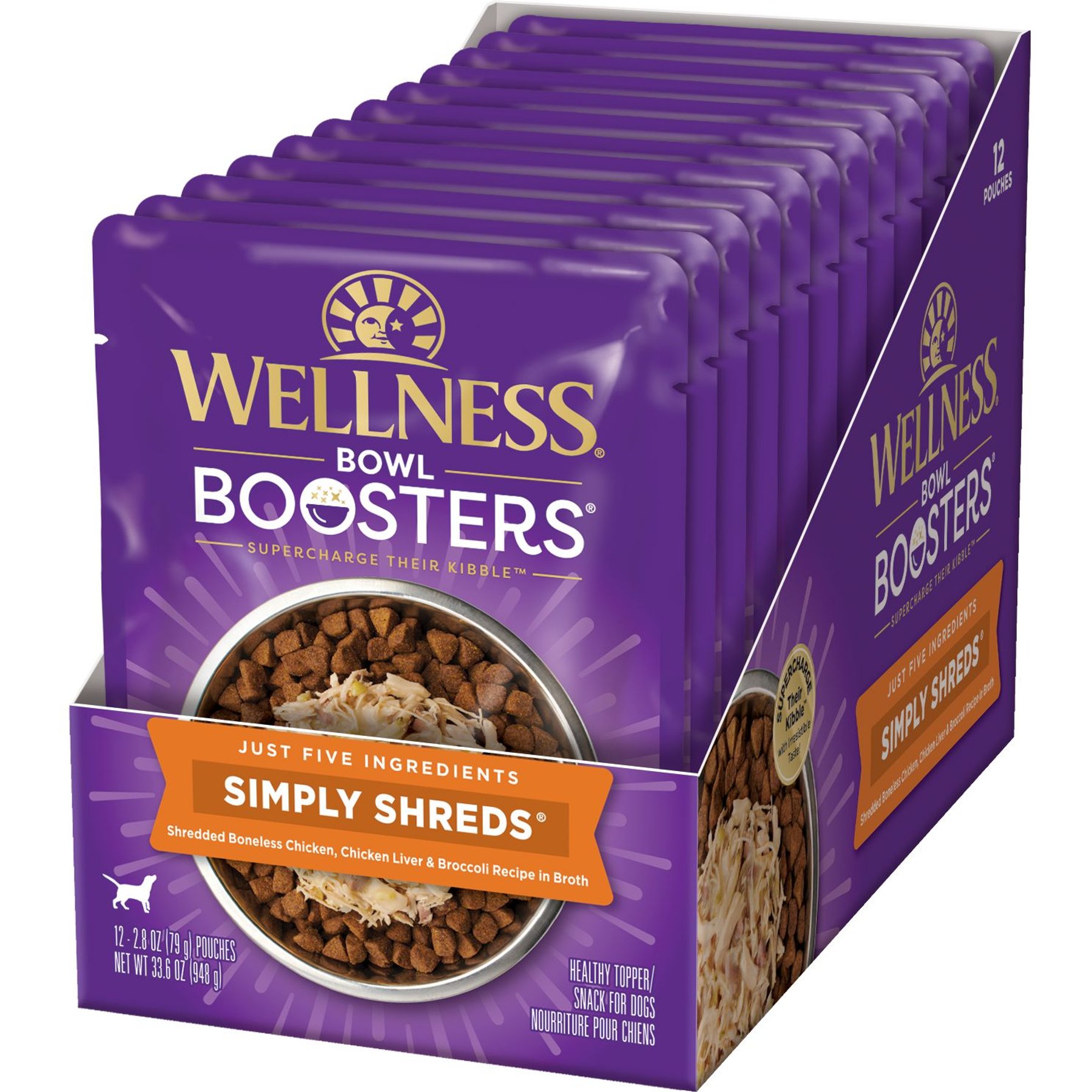 Wellness Wellness Bowl Boosters Simply Shreds Chicken Liver & Broccoli Natural Grain-Free Wet Dog Food Mixer or Topper, 2.8-oz pouch, case of 12 dog food package