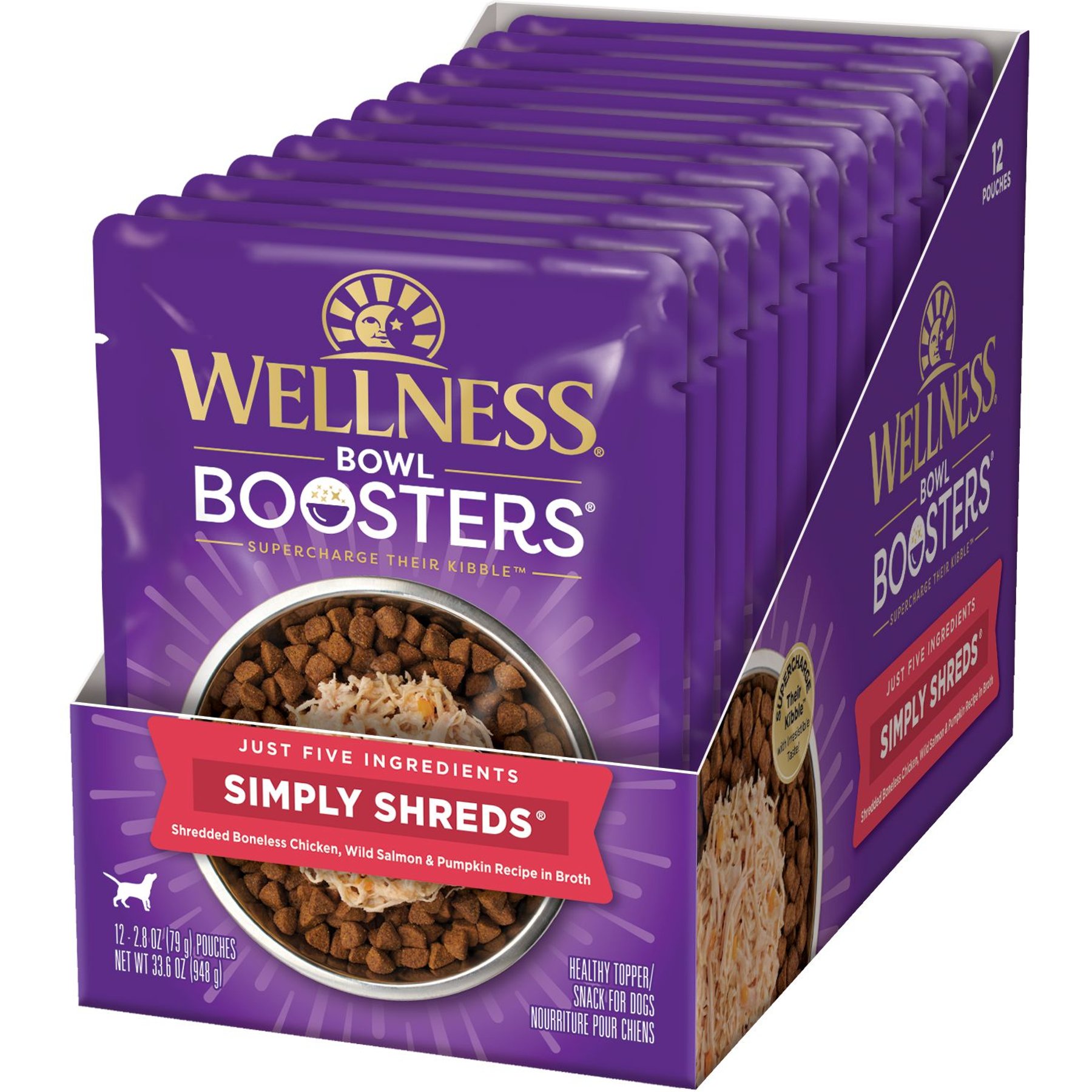 Wellness Bowl Boosters Simply Shreds Chicken, Salmon & Pumpkin Natural Grain-Free Wet Dog Food Mixer or Topper, 2.8-oz pouch, case of 12