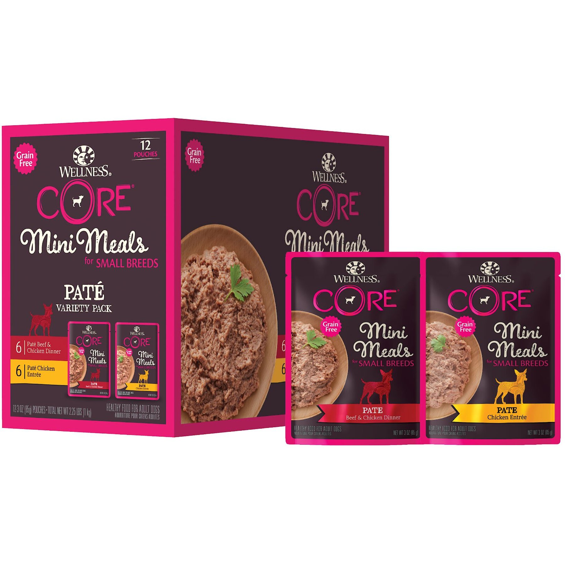 Wellness CORE Mini Meals Beef & Chicken, Chicken Pate Variety Pack Dog Food Pouches