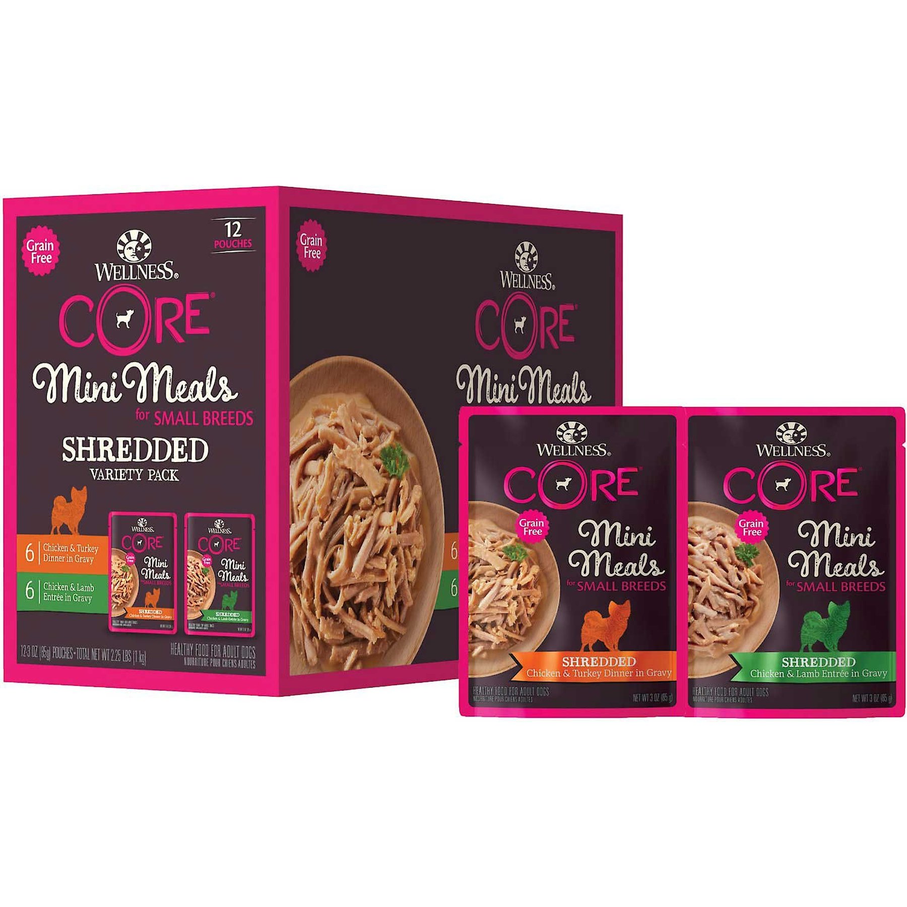 Wellness CORE Mini Meals Chicken & Turkey, Chicken & Lamb Shredded Variety Pack Natural Wet Dog Food Pouches