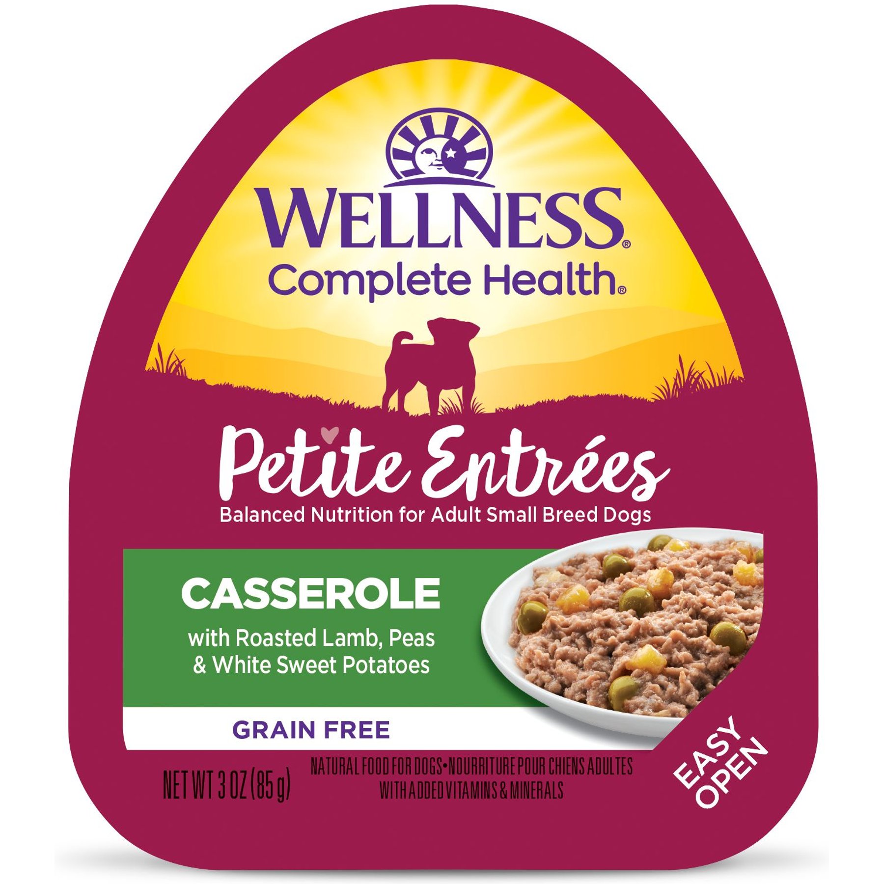 Wellness Complete Health Petite Entrees Adult Small Breed Grain-Free Lamb, Peas & Sweet Potato Casserole Wet Dog Food, 3-oz cup, case of 12