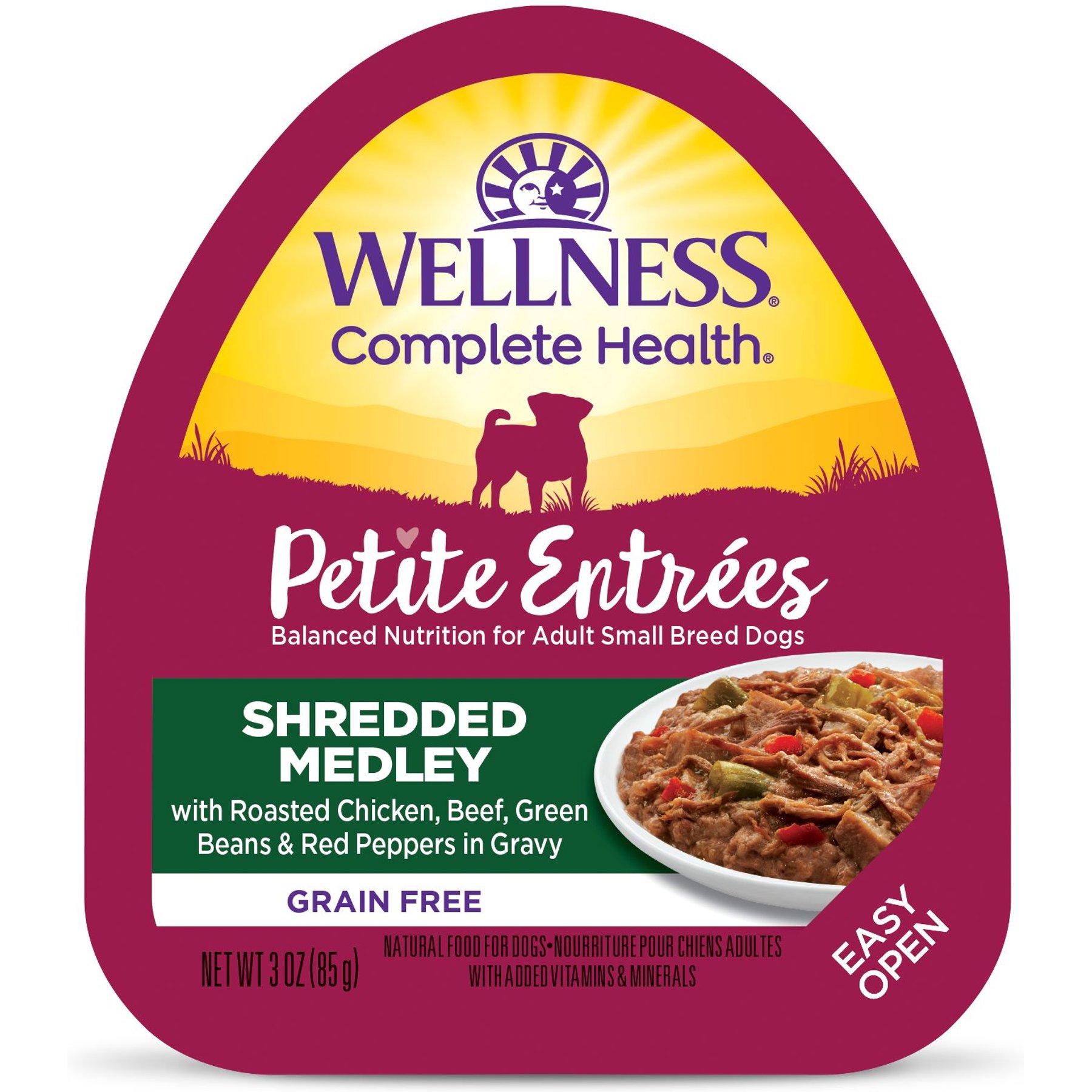 Wellness Complete Health Petite Entrees Adult Small Breed Grain-Free Chicken, Beef, Green Beans & Red Peppers Shredded Medley Wet Dog Food, 3-oz cup, case of 12