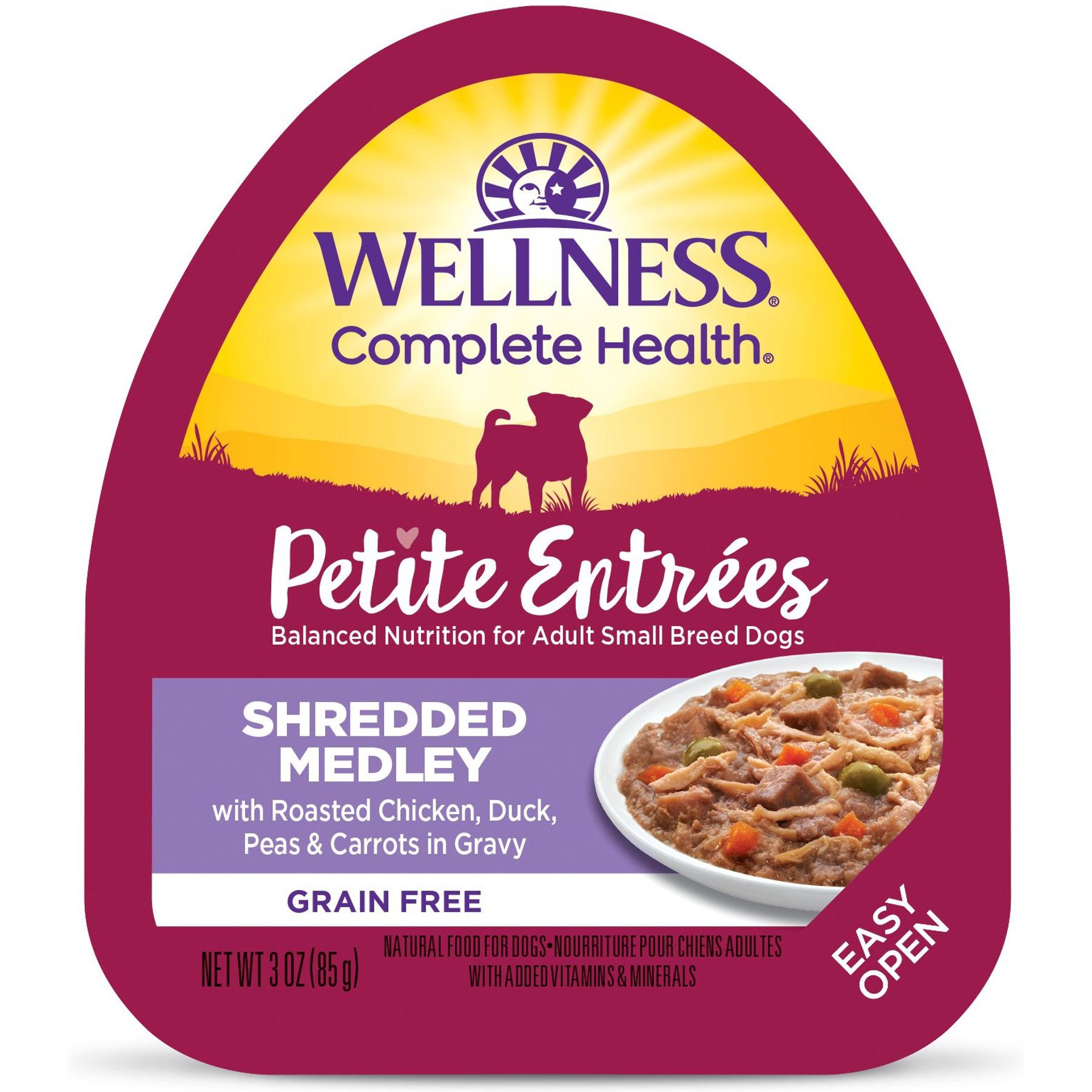 Wellness Complete Health Petite Entrees Adult Small Breed Grain-Free Chicken, Duck, Peas & Carrots Shredded Medley Wet Dog Food, 3-oz cup, case of 12